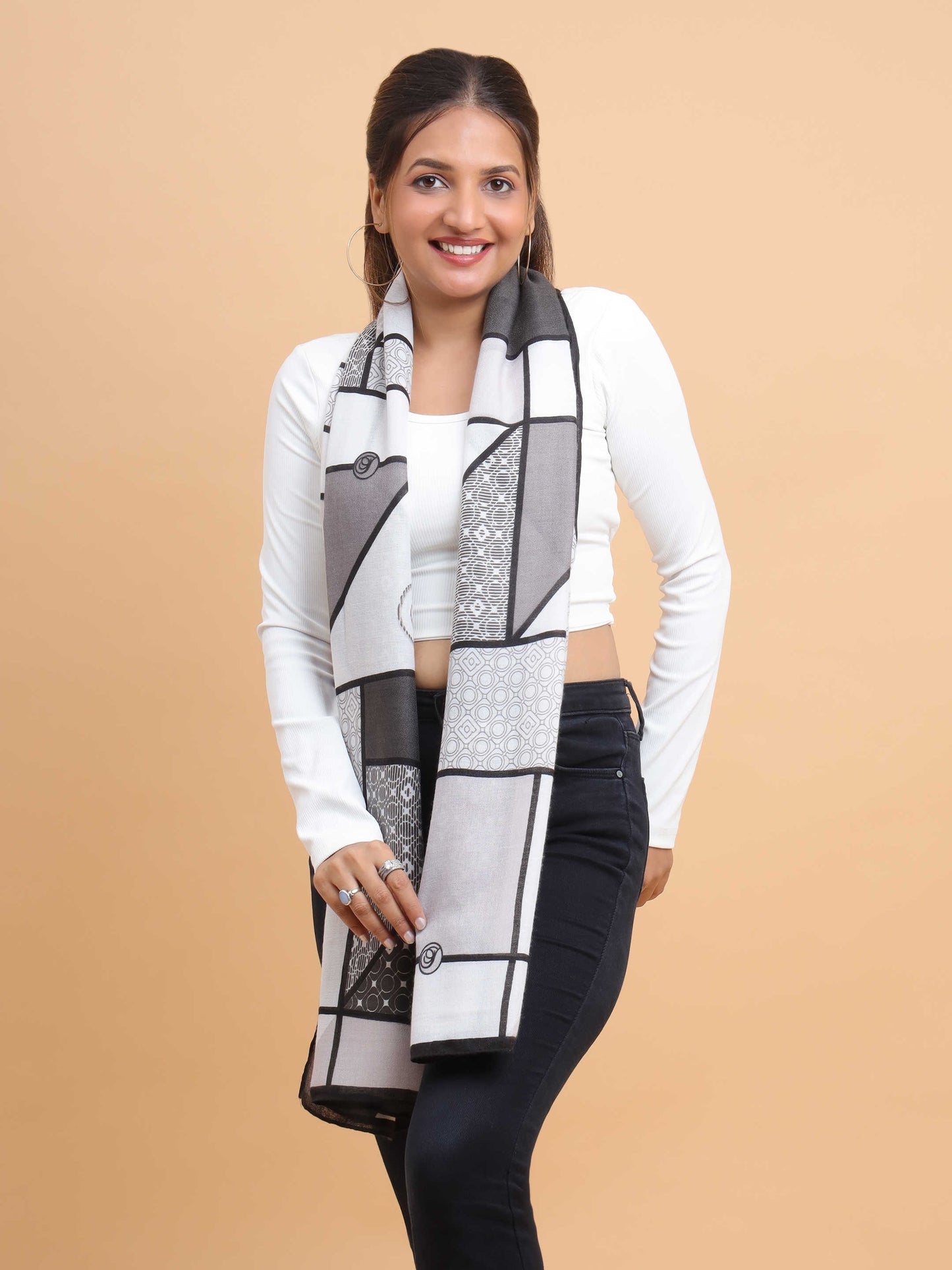 Black & Grey Abstract Geometric 100% Viscose Scarf