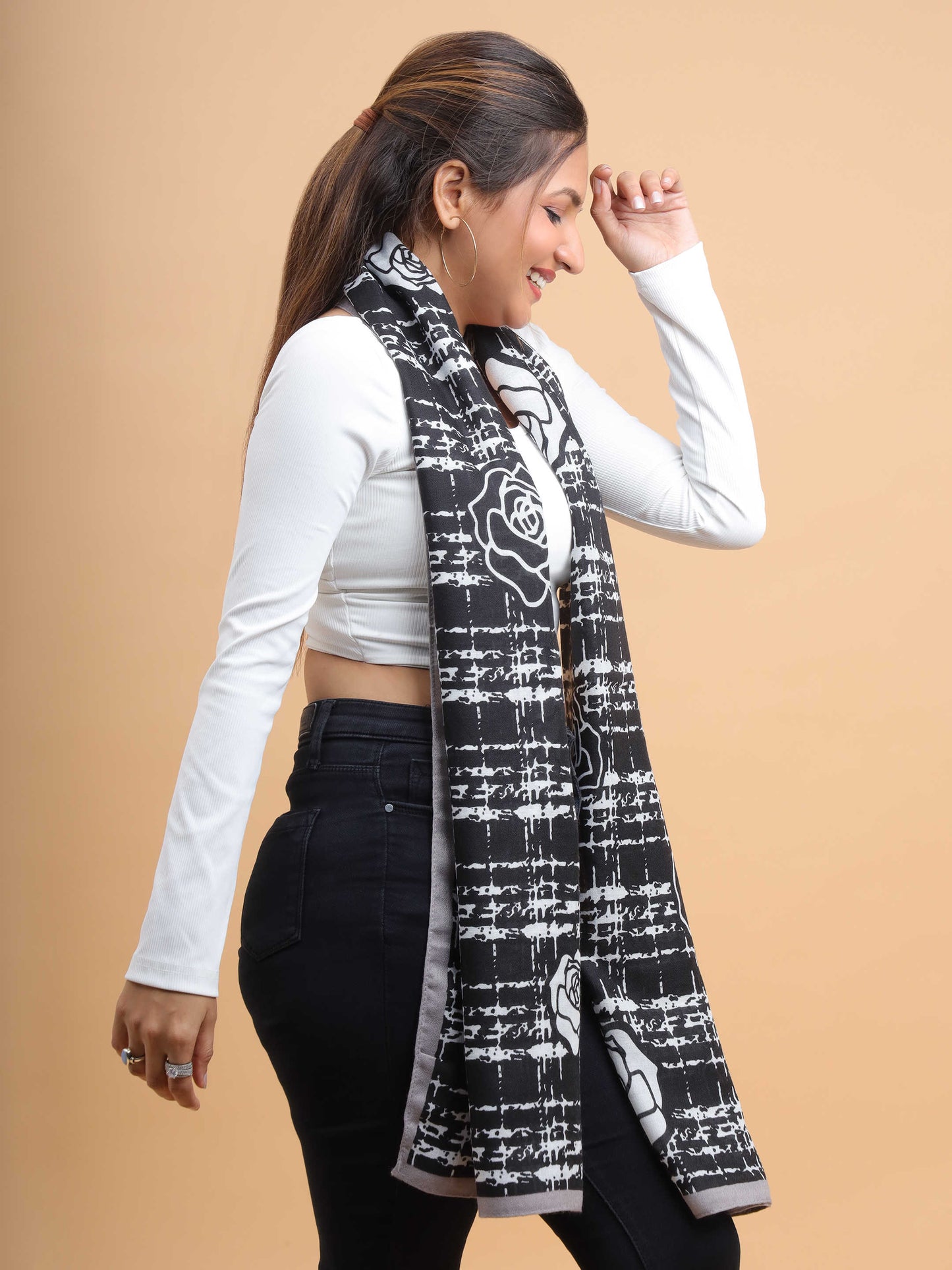 Black & Grey Rose Grid 100% Viscose Scarf