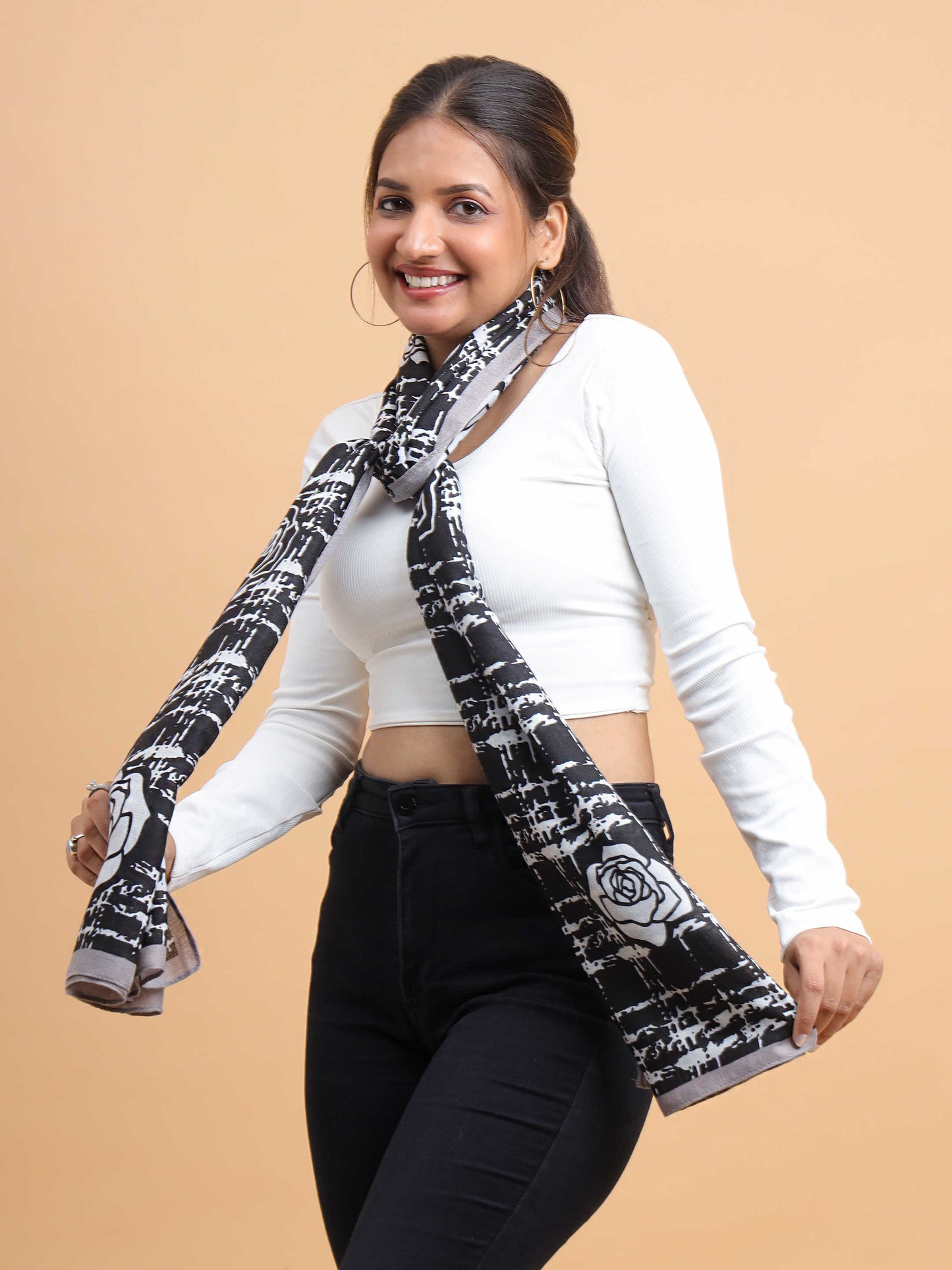Black & Grey Rose Grid 100% Viscose Scarf