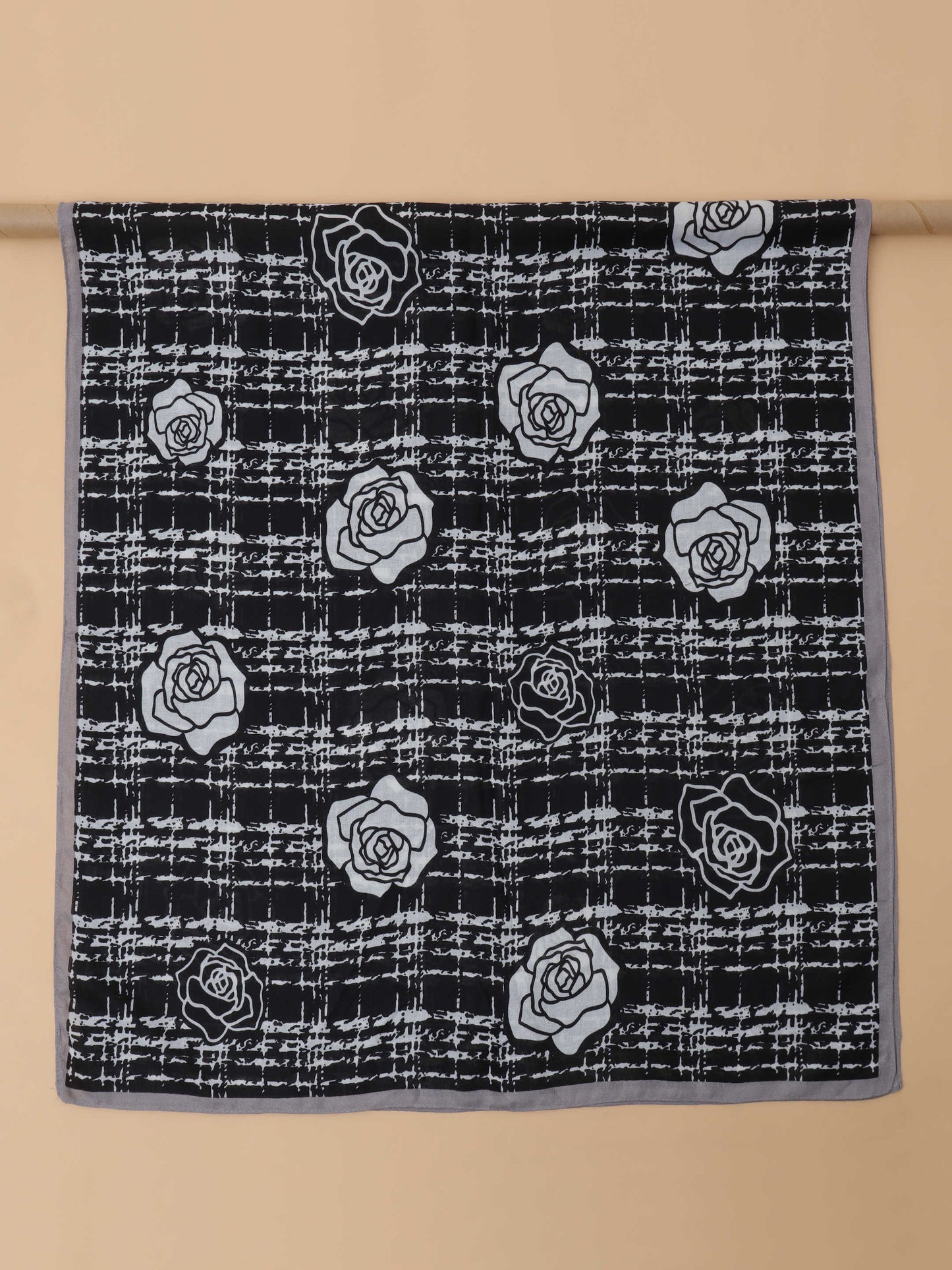 Black & Grey Rose Grid 100% Viscose Scarf