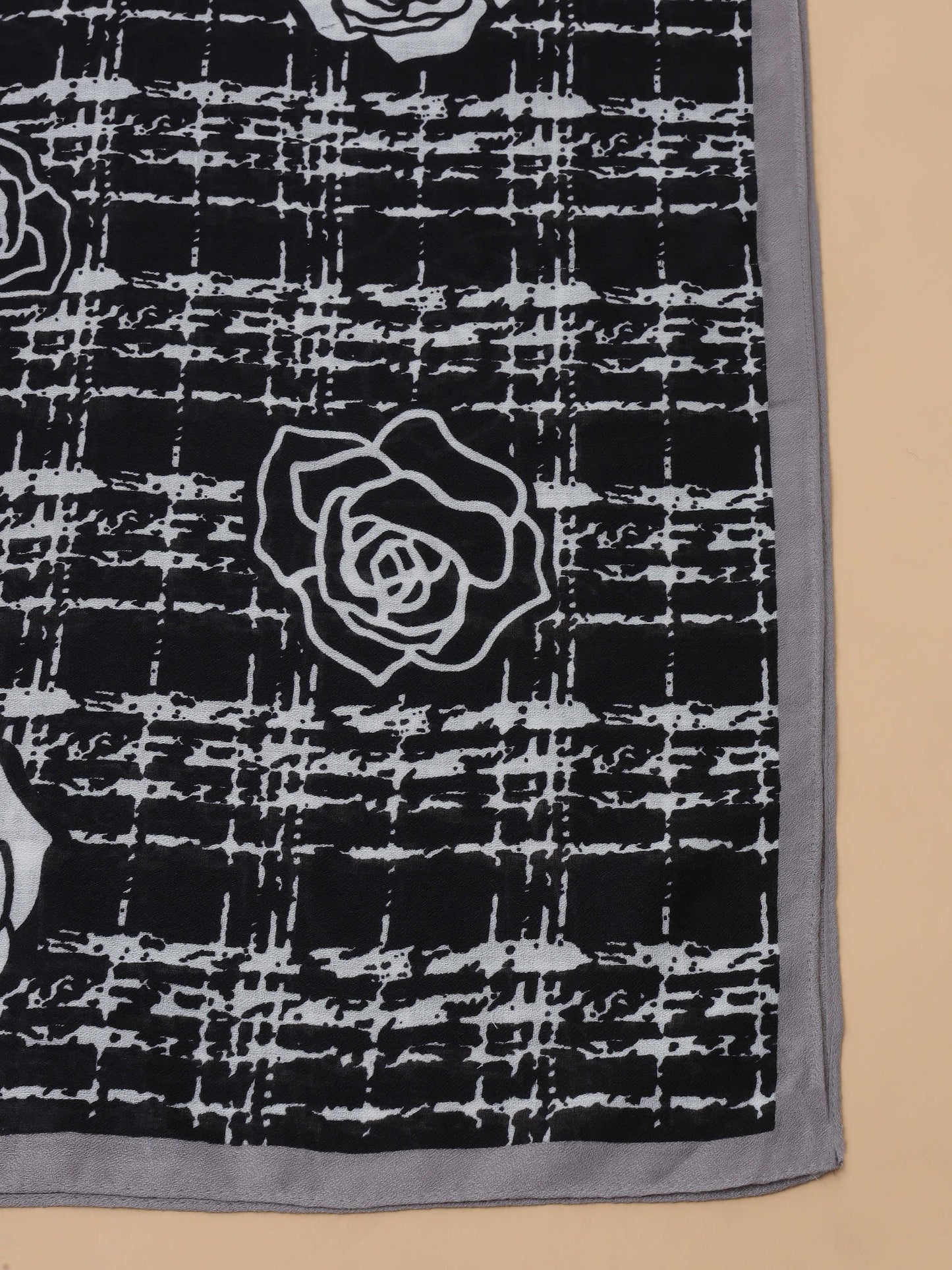 Black & Grey Rose Grid 100% Viscose Scarf