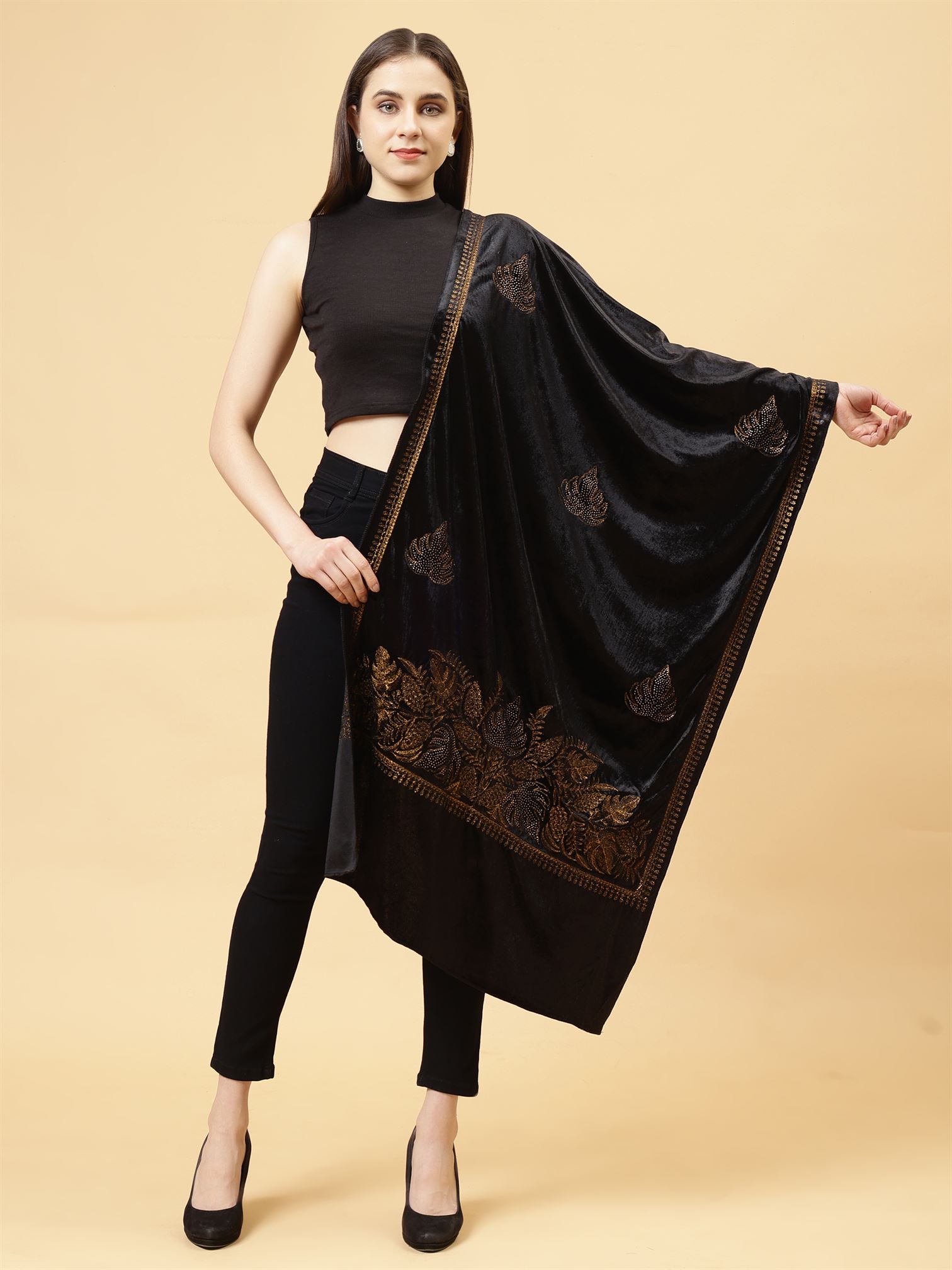 Black Embroidered Velvet Stole - MCHSVD1601BK