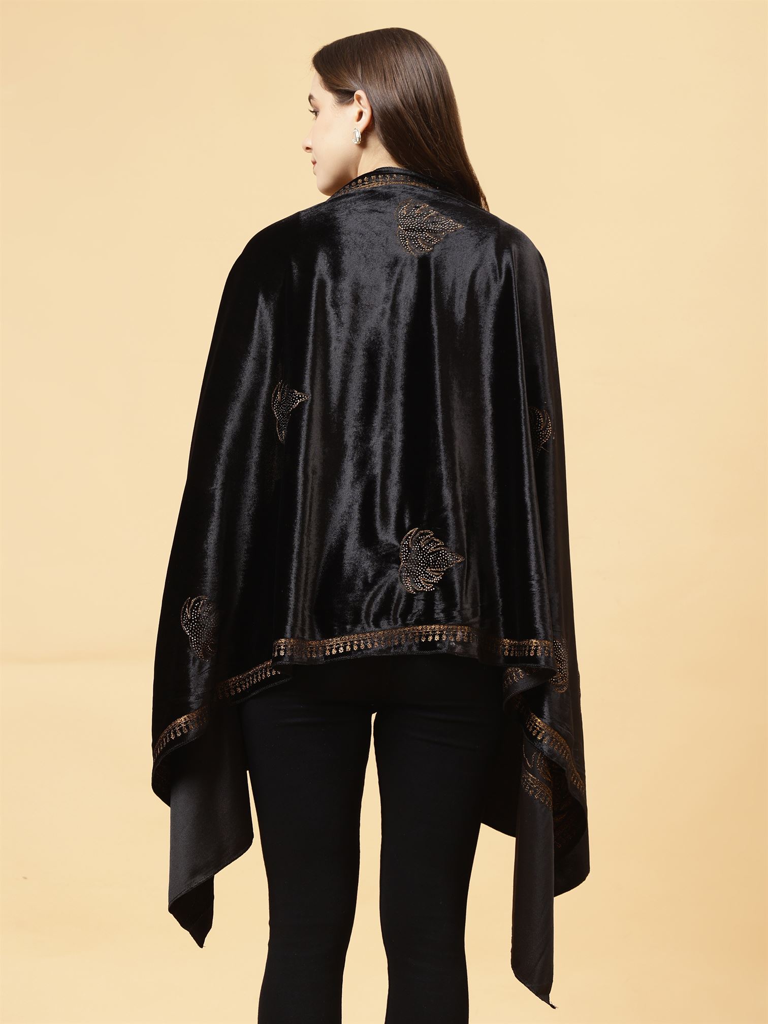 Black Embroidered Velvet Stole - MCHSVD1601BK