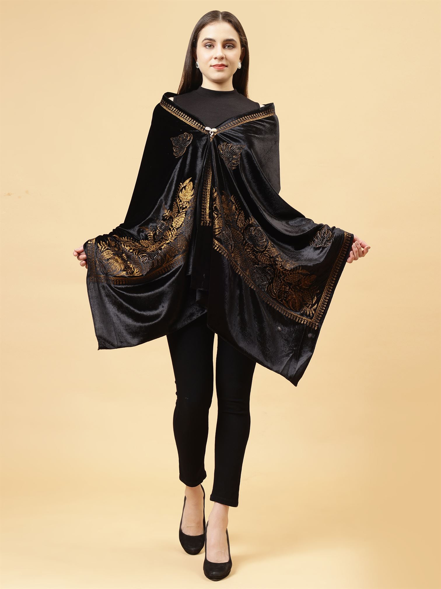 Black Embroidered Velvet Stole - MCHSVD1601BK