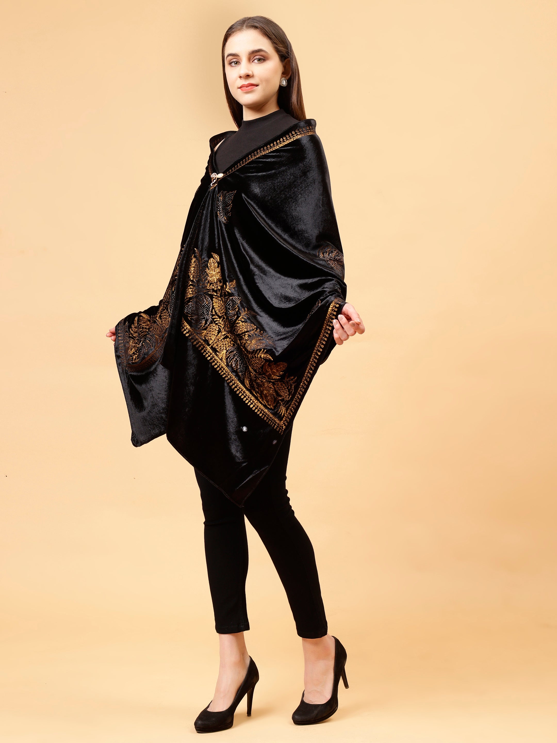 Black Embroidered Velvet Stole - MCHSVD1601BK