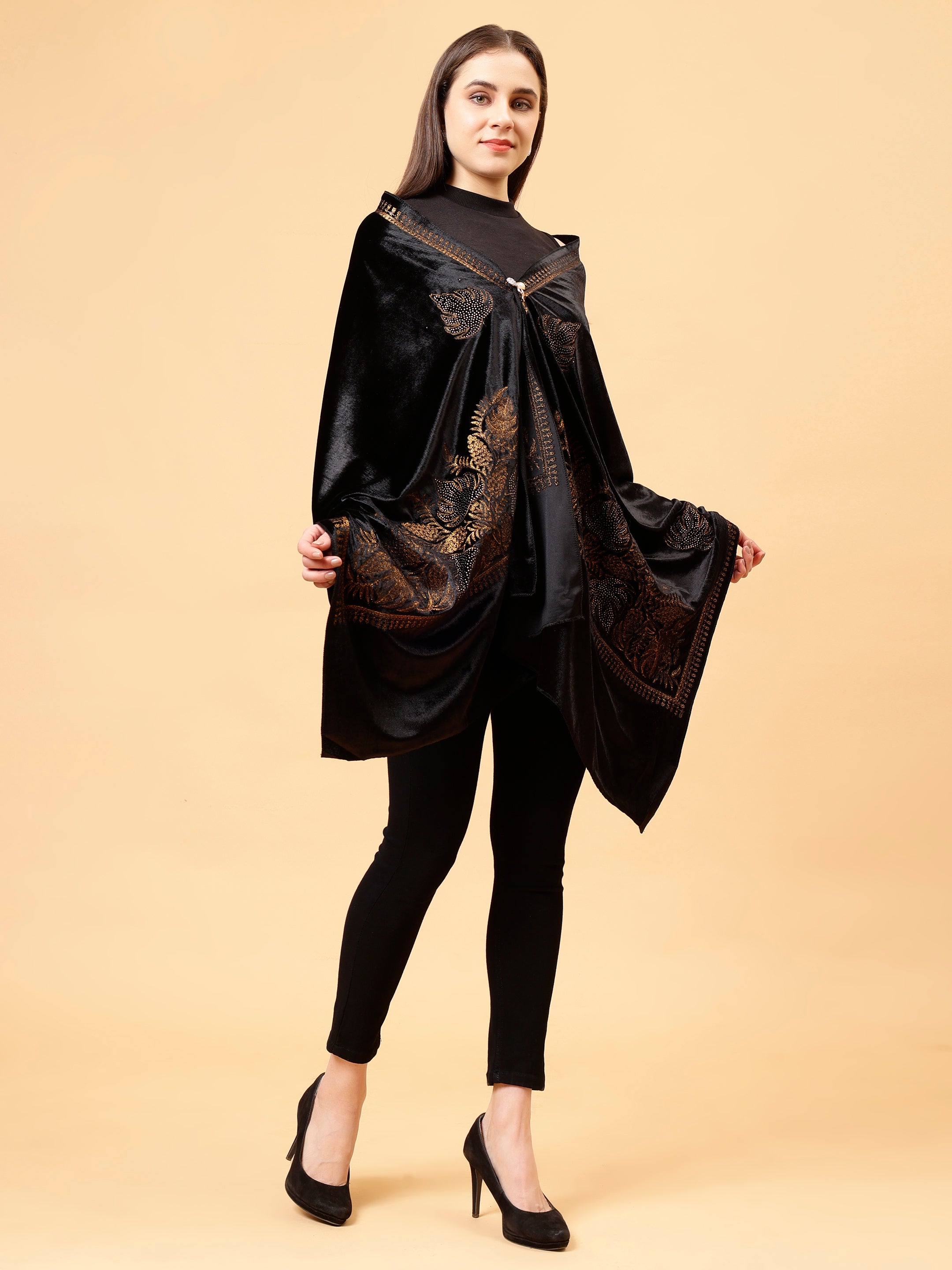 Black Embroidered Velvet Stole - MCHSVD1601BK