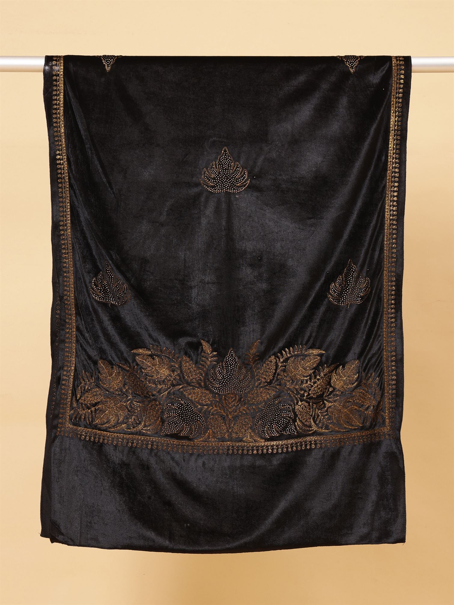 Black Embroidered Velvet Stole - MCHSVD1601BK