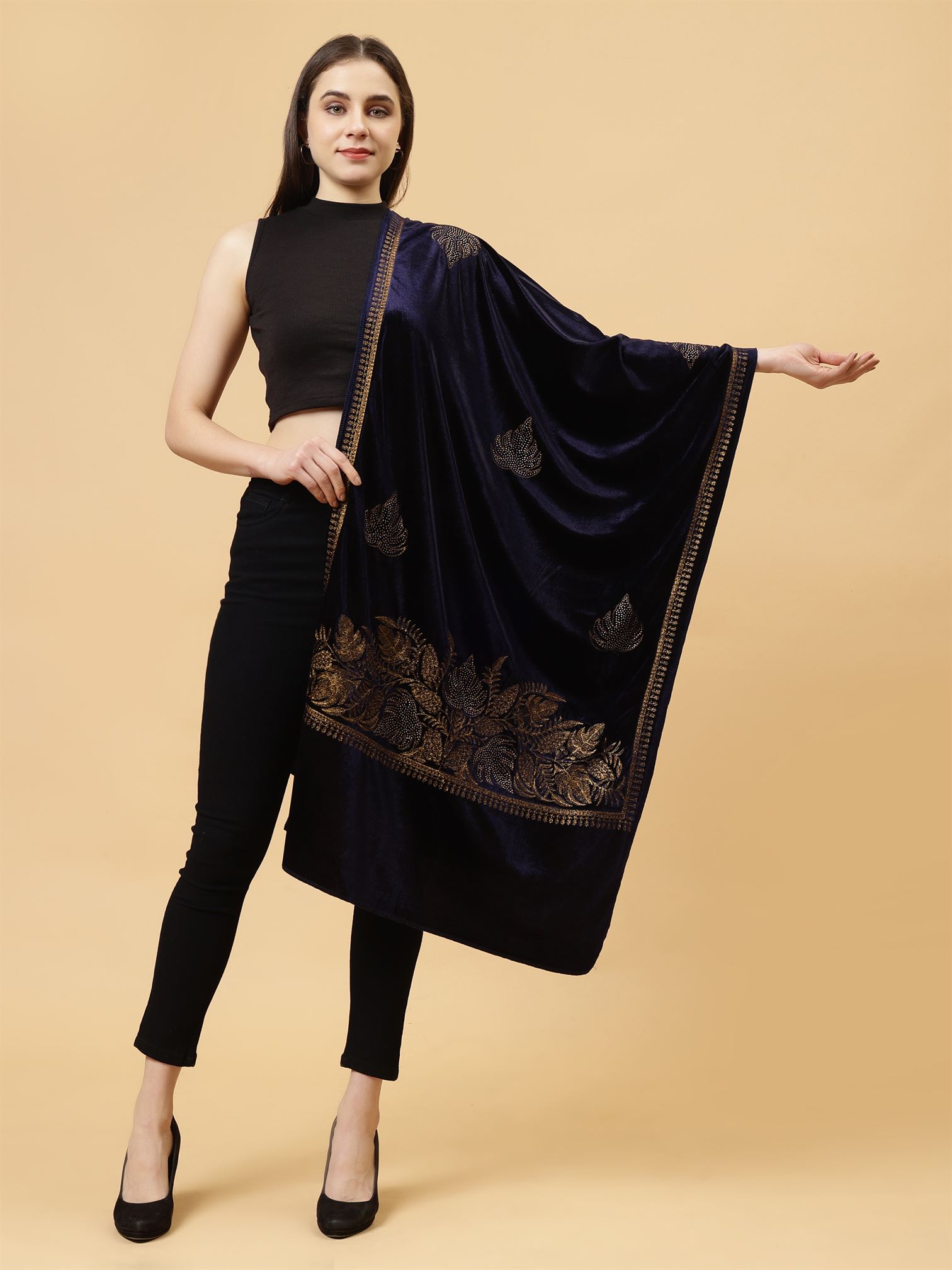 Blue Embroidered Velvet Stole - MCHSVD1601BL