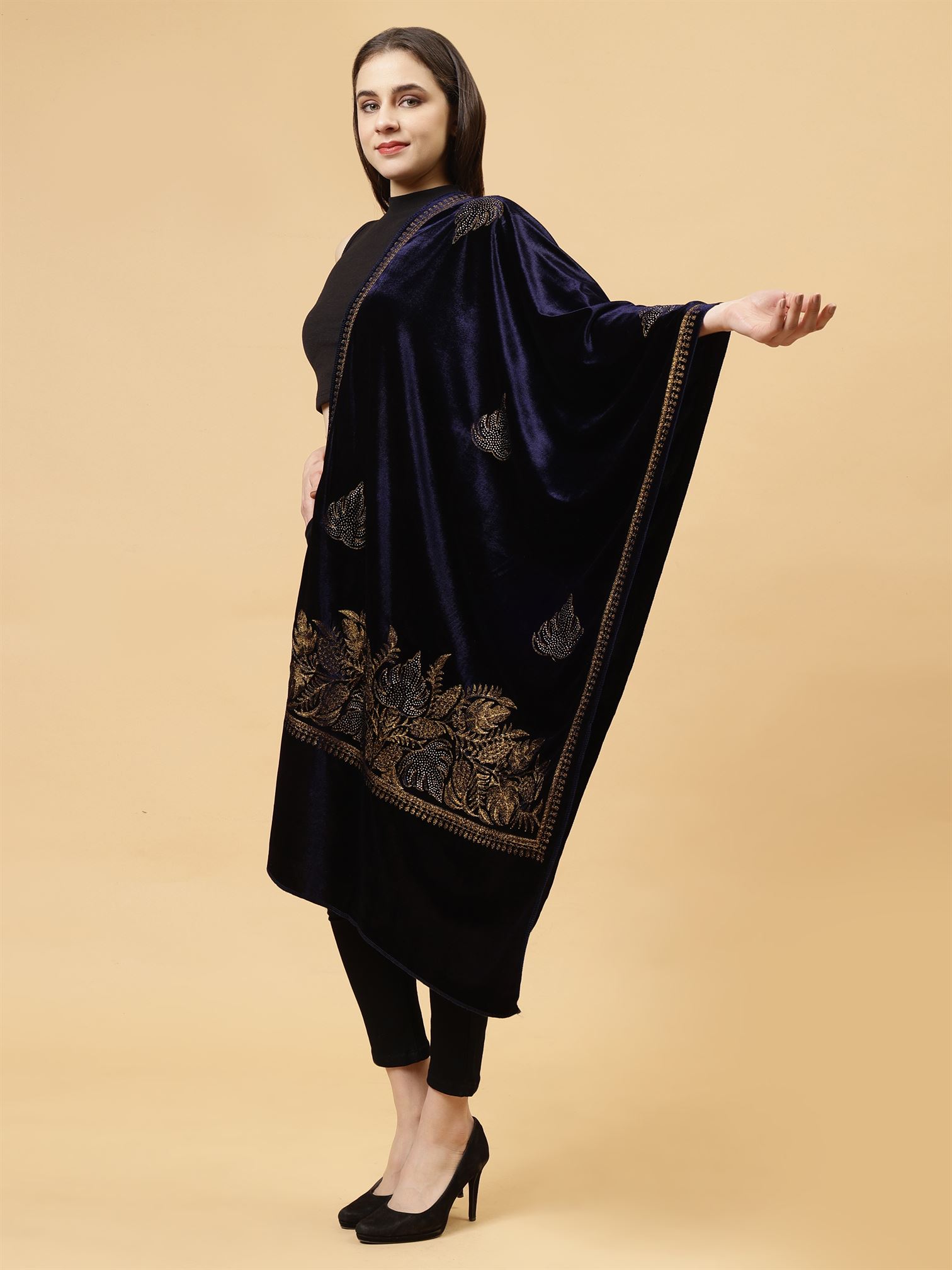 Blue Embroidered Velvet Stole - MCHSVD1601BL