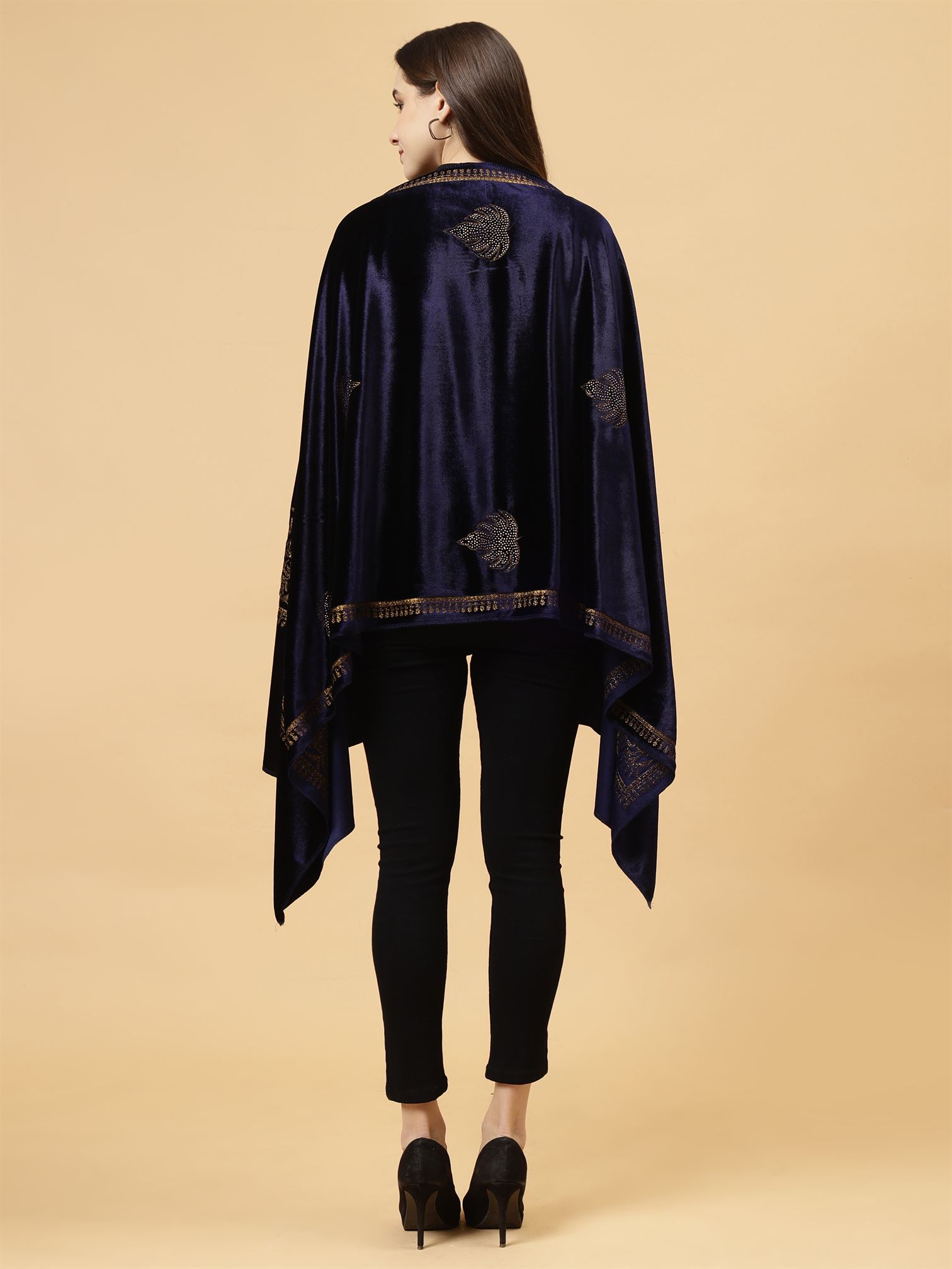 Blue Embroidered Velvet Stole - MCHSVD1601BL