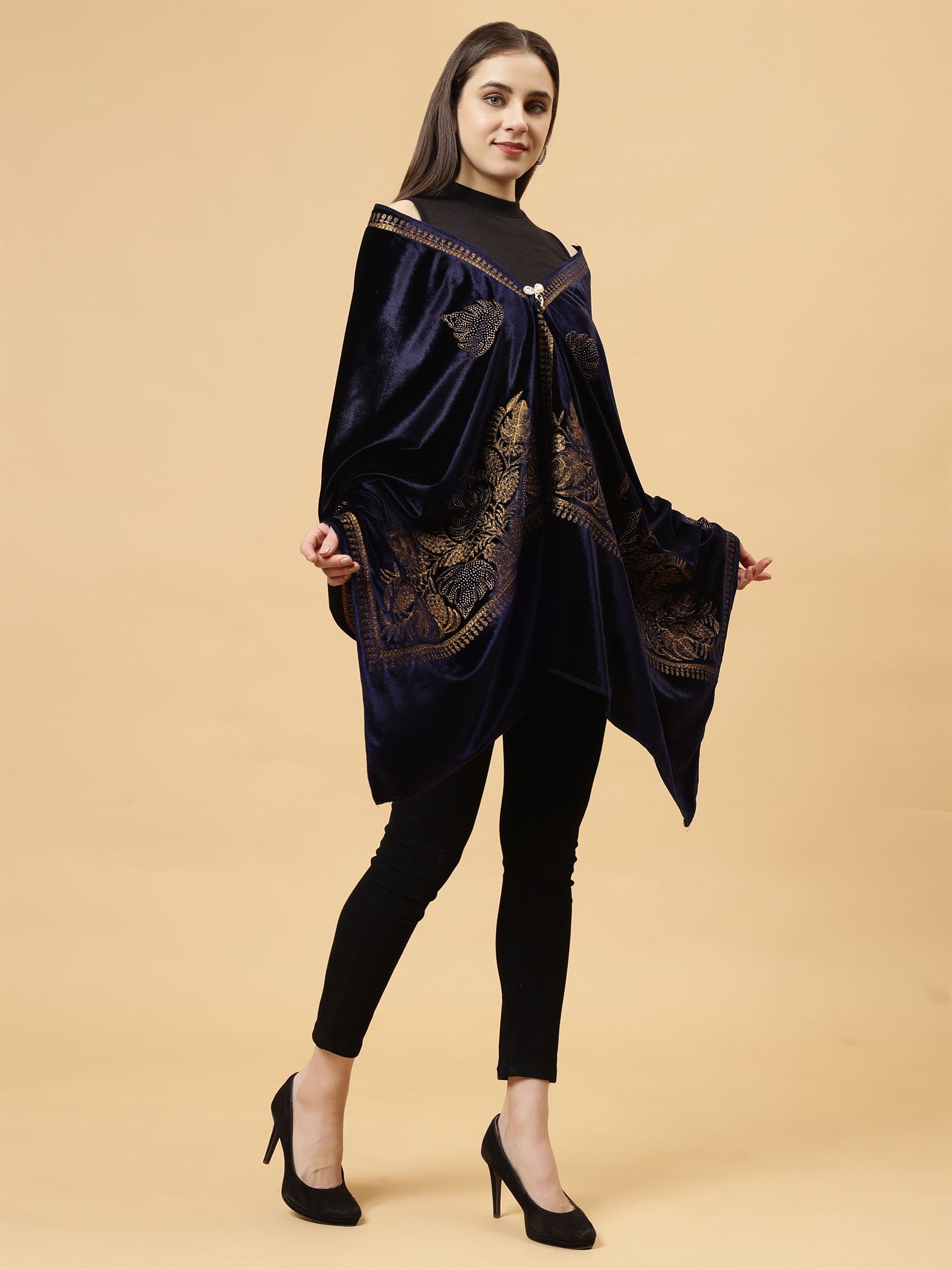 Blue Embroidered Velvet Stole - MCHSVD1601BL