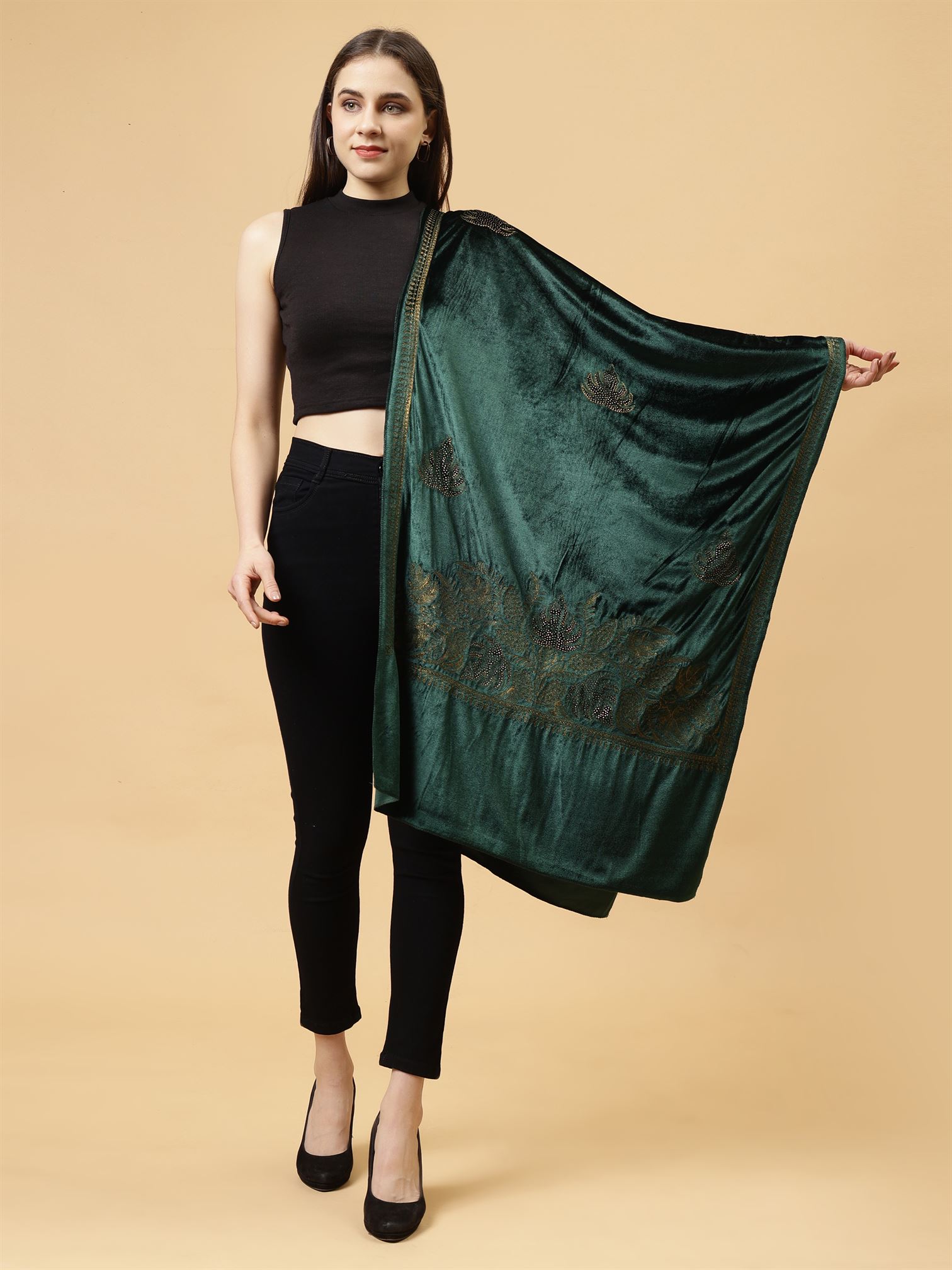 Emerald Green Embroiered velvet stole - MCHSVD1601G