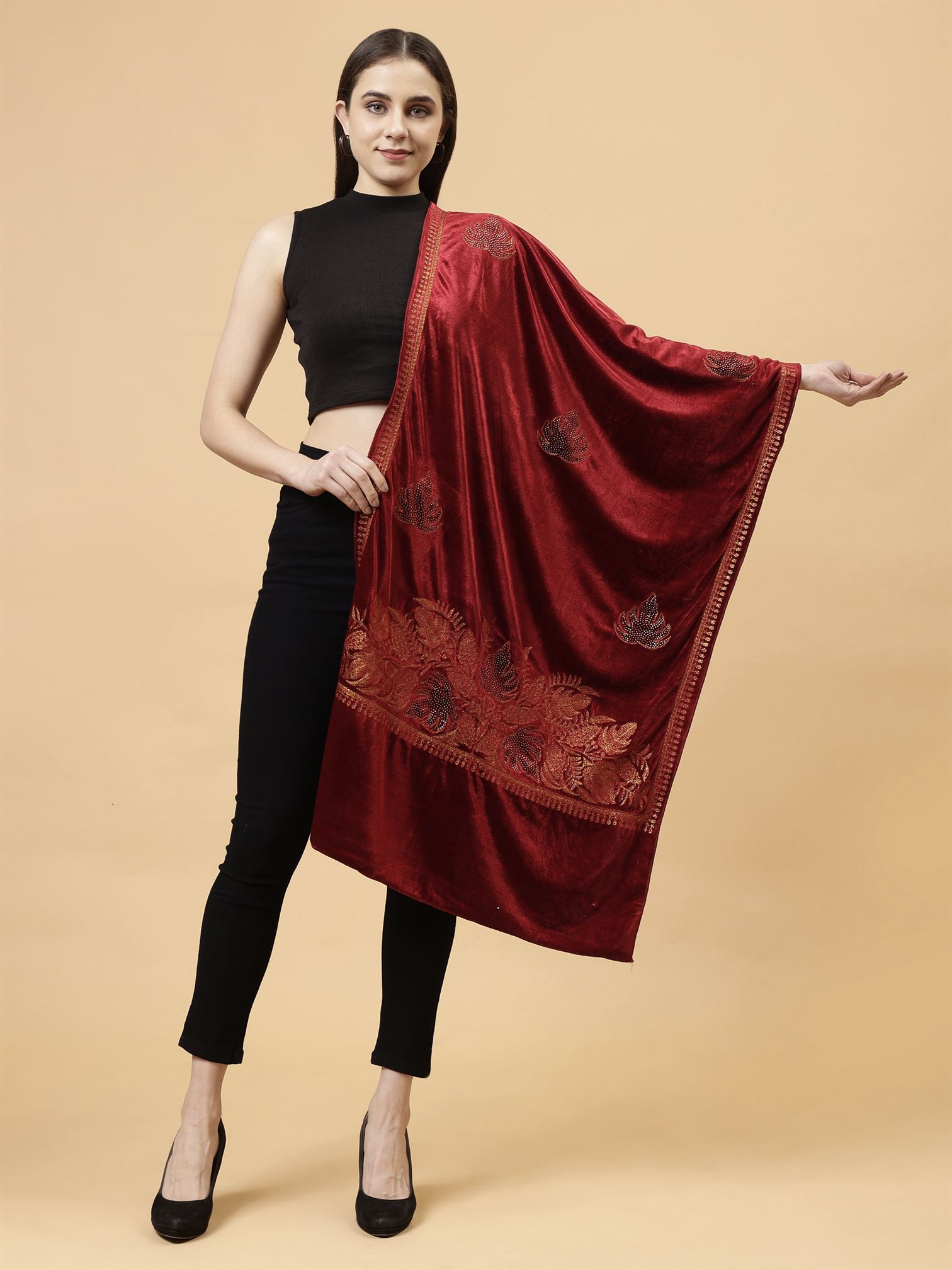 Maroon Embroidered Velvet Stole - MCHSVD1601M