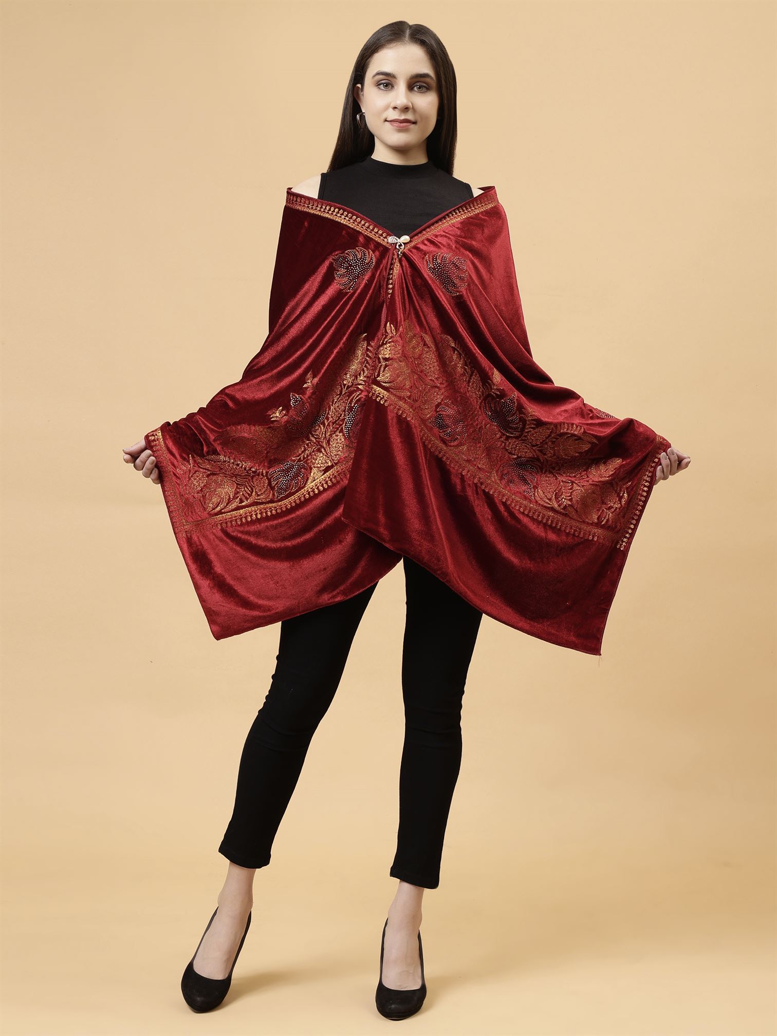 Maroon Embroidered Velvet Stole - MCHSVD1601M