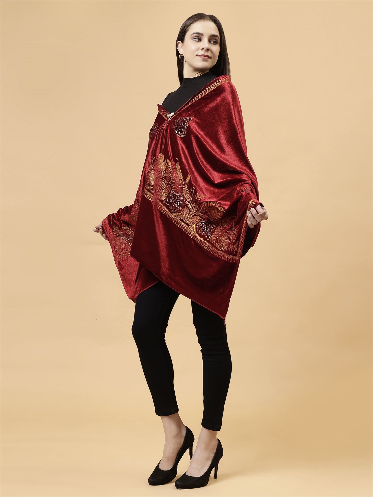 Maroon Embroidered Velvet Stole - MCHSVD1601M