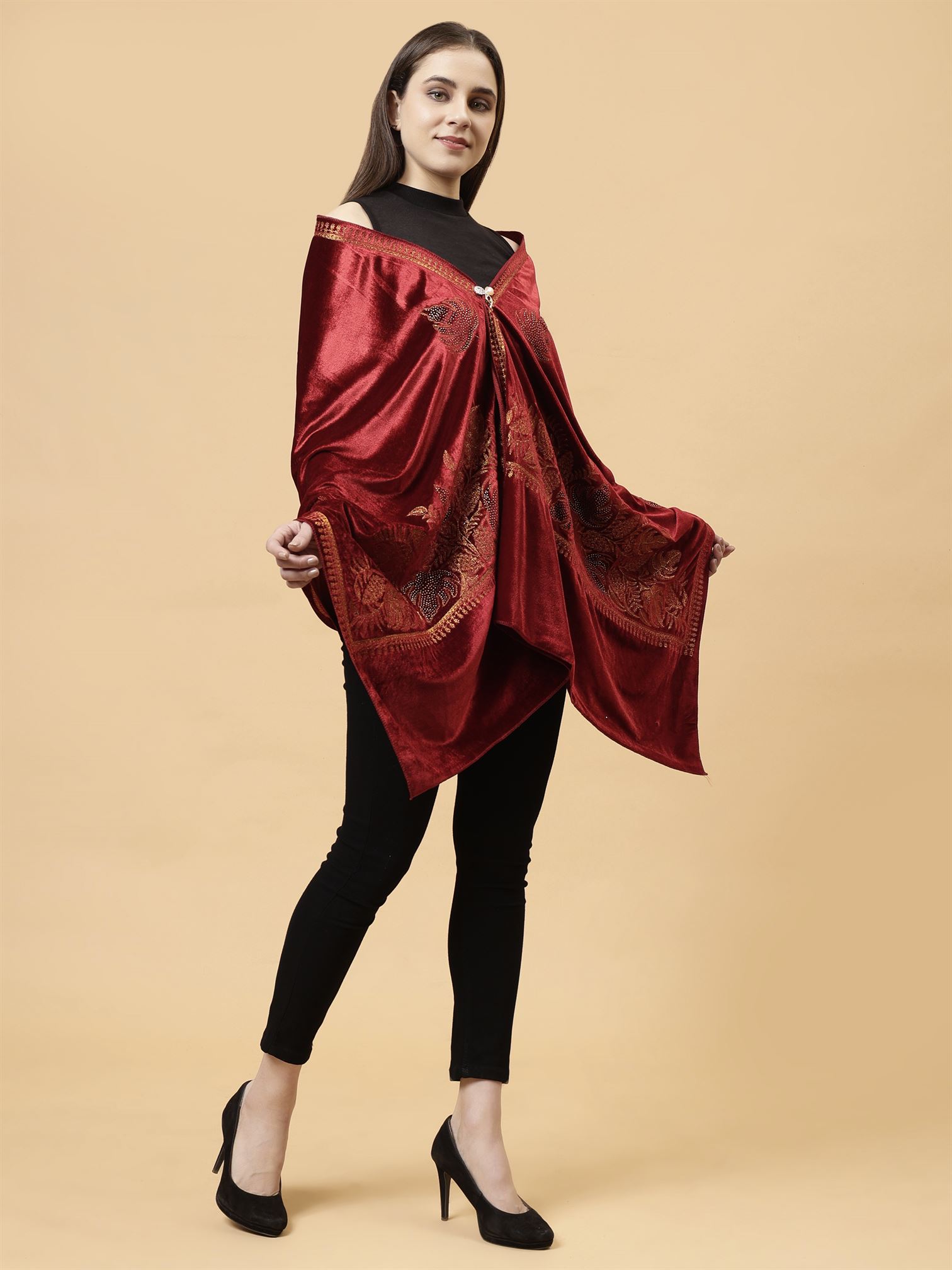 Maroon Embroidered Velvet Stole - MCHSVD1601M