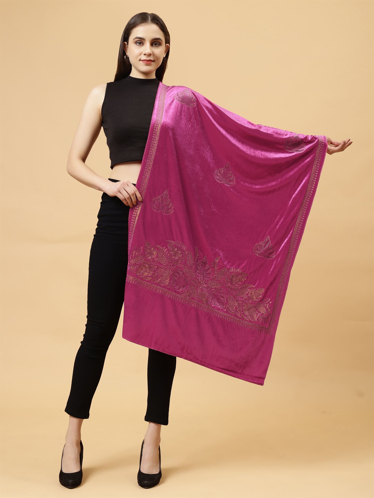 Magenta Embroidered Velvet Stole - MCHSVD1601MGT