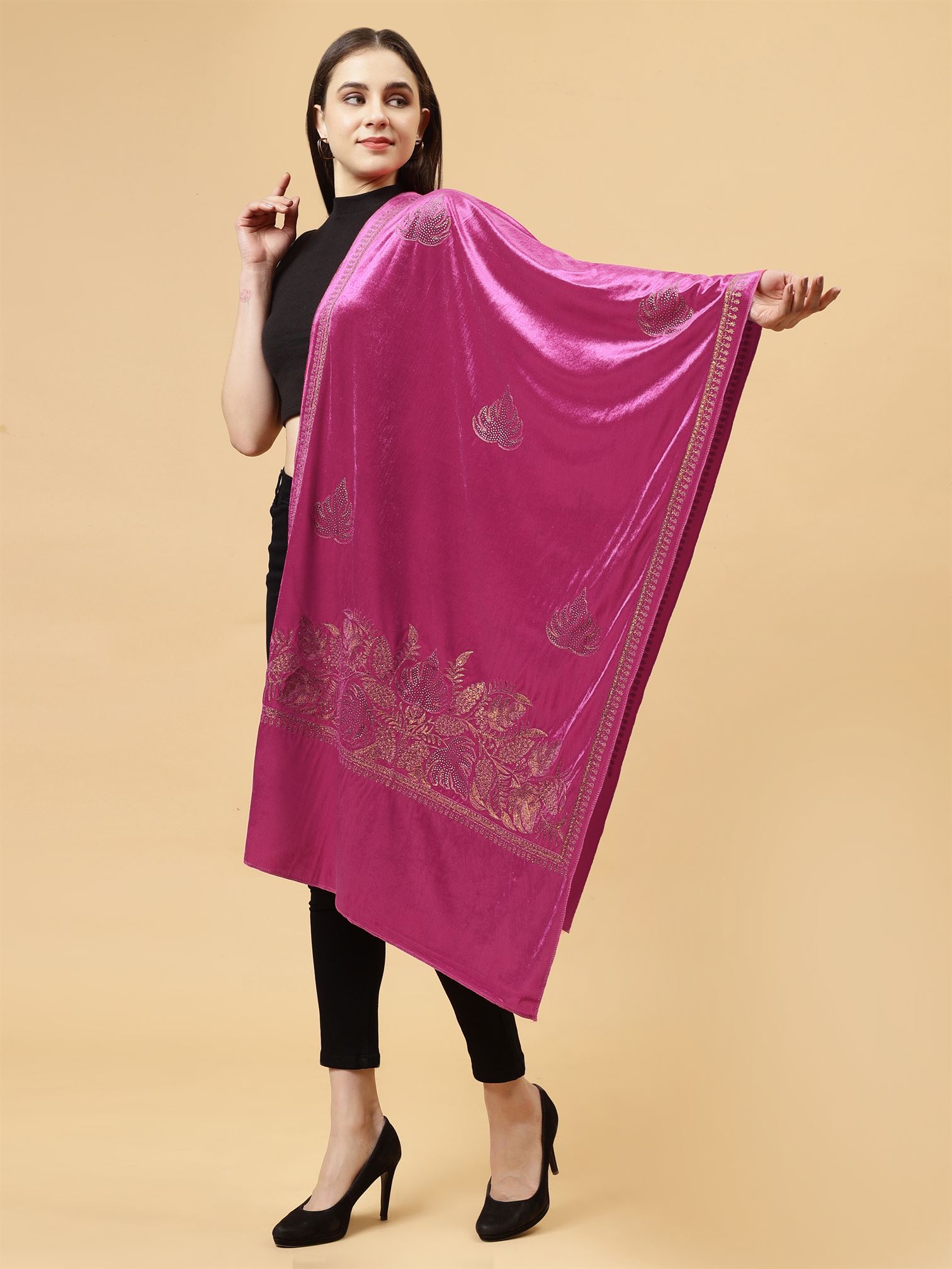 Magenta Embroidered Velvet Stole - MCHSVD1601MGT