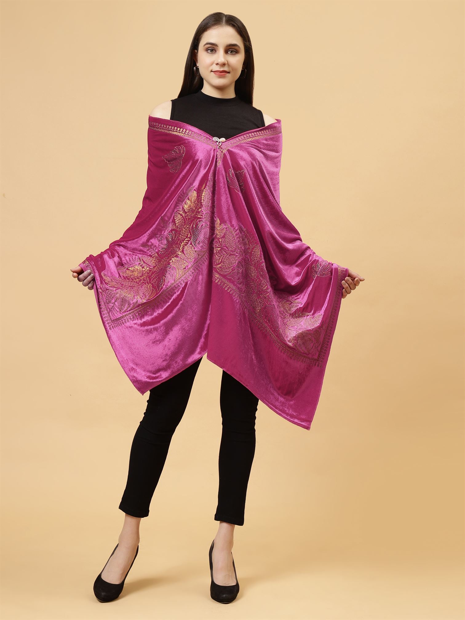 Magenta Embroidered Velvet Stole - MCHSVD1601MGT