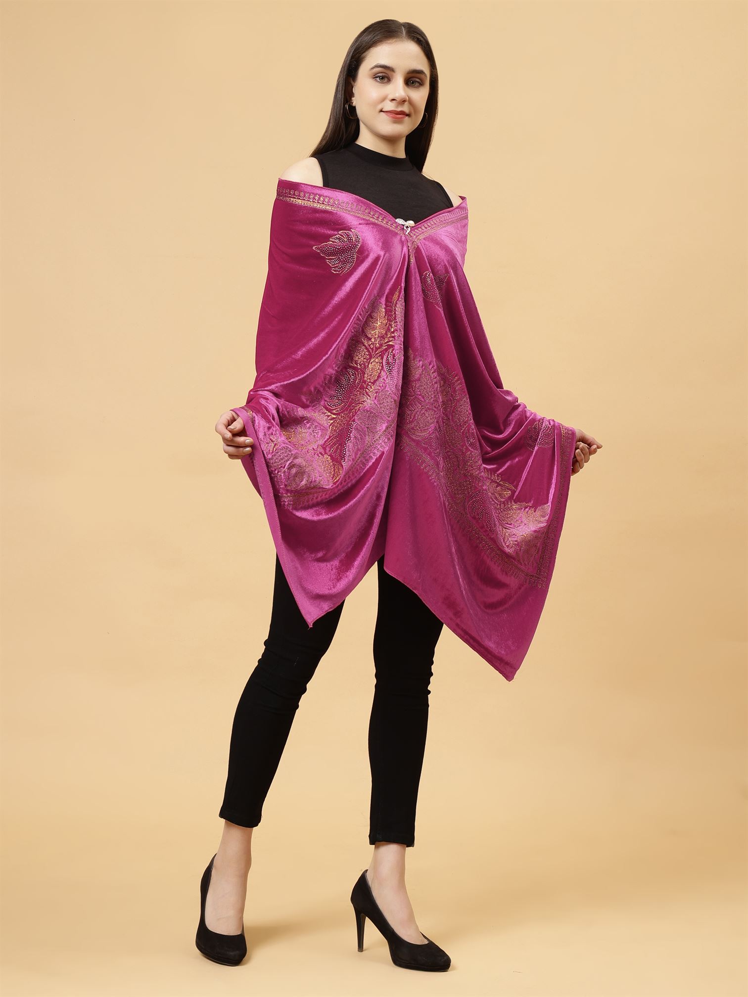 Magenta Embroidered Velvet Stole - MCHSVD1601MGT