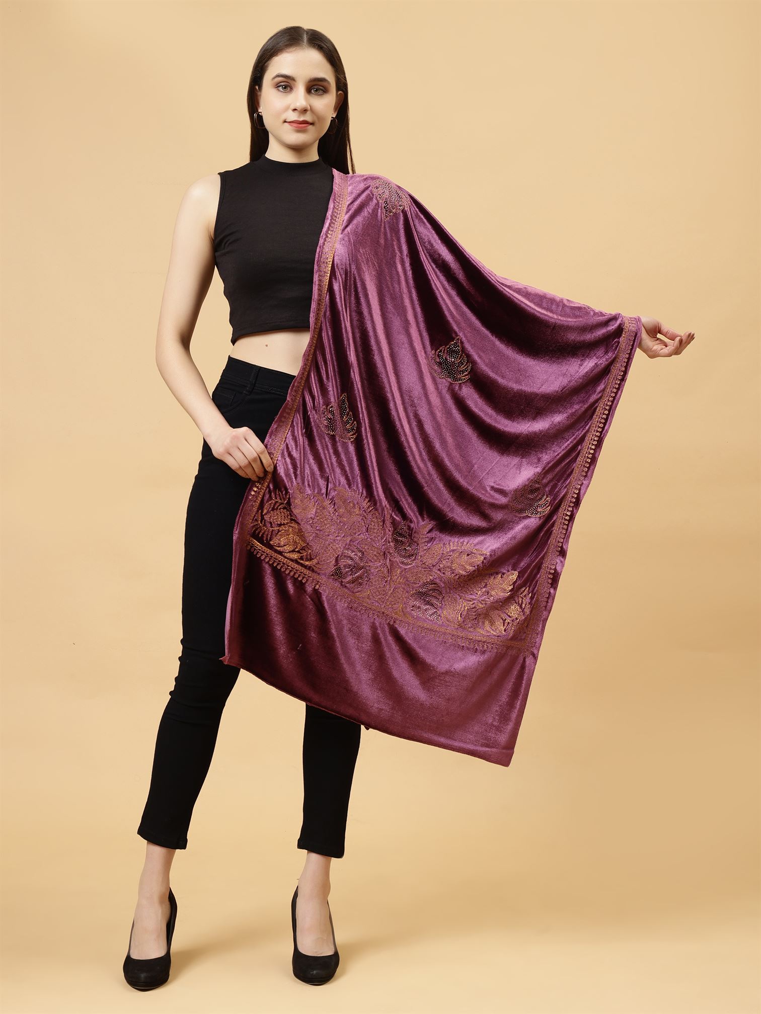 Purple Embroidered Velvet Stole - MCHSVD1601PUR