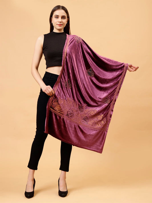 Purple Embroidered Velvet Stole - MCHSVD1601PUR