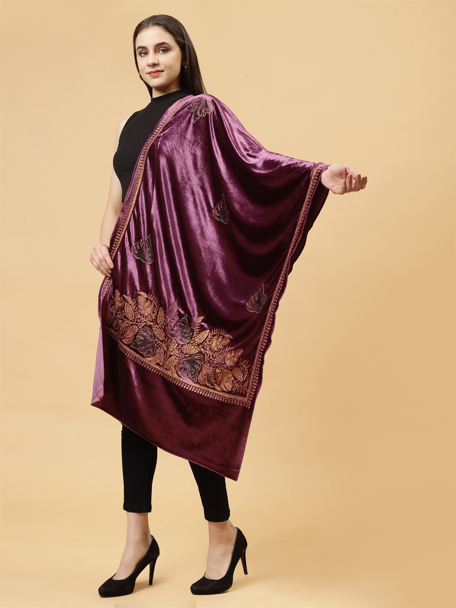 Purple Embroidered Velvet Stole - MCHSVD1601PUR