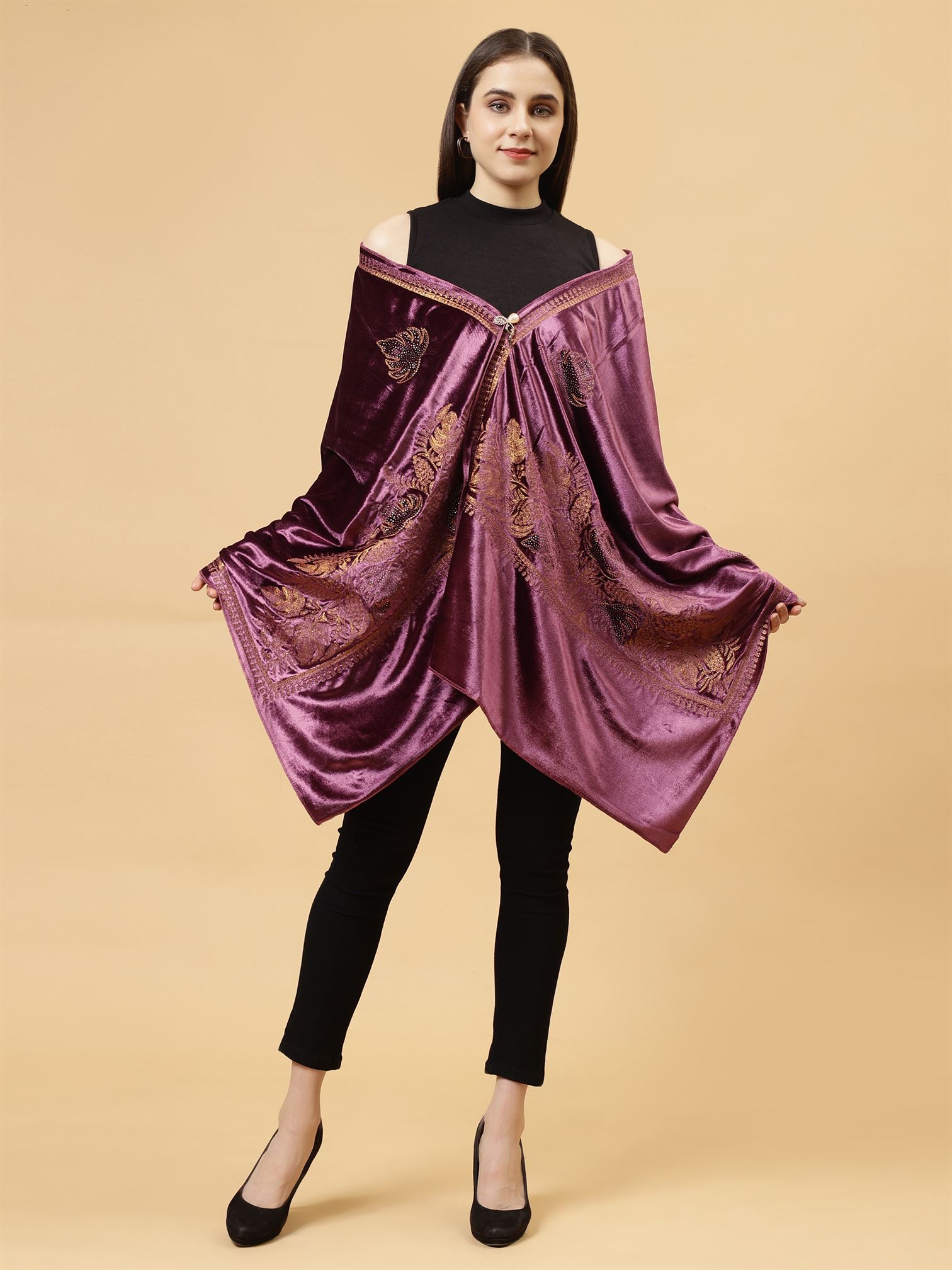 Purple Embroidered Velvet Stole - MCHSVD1601PUR