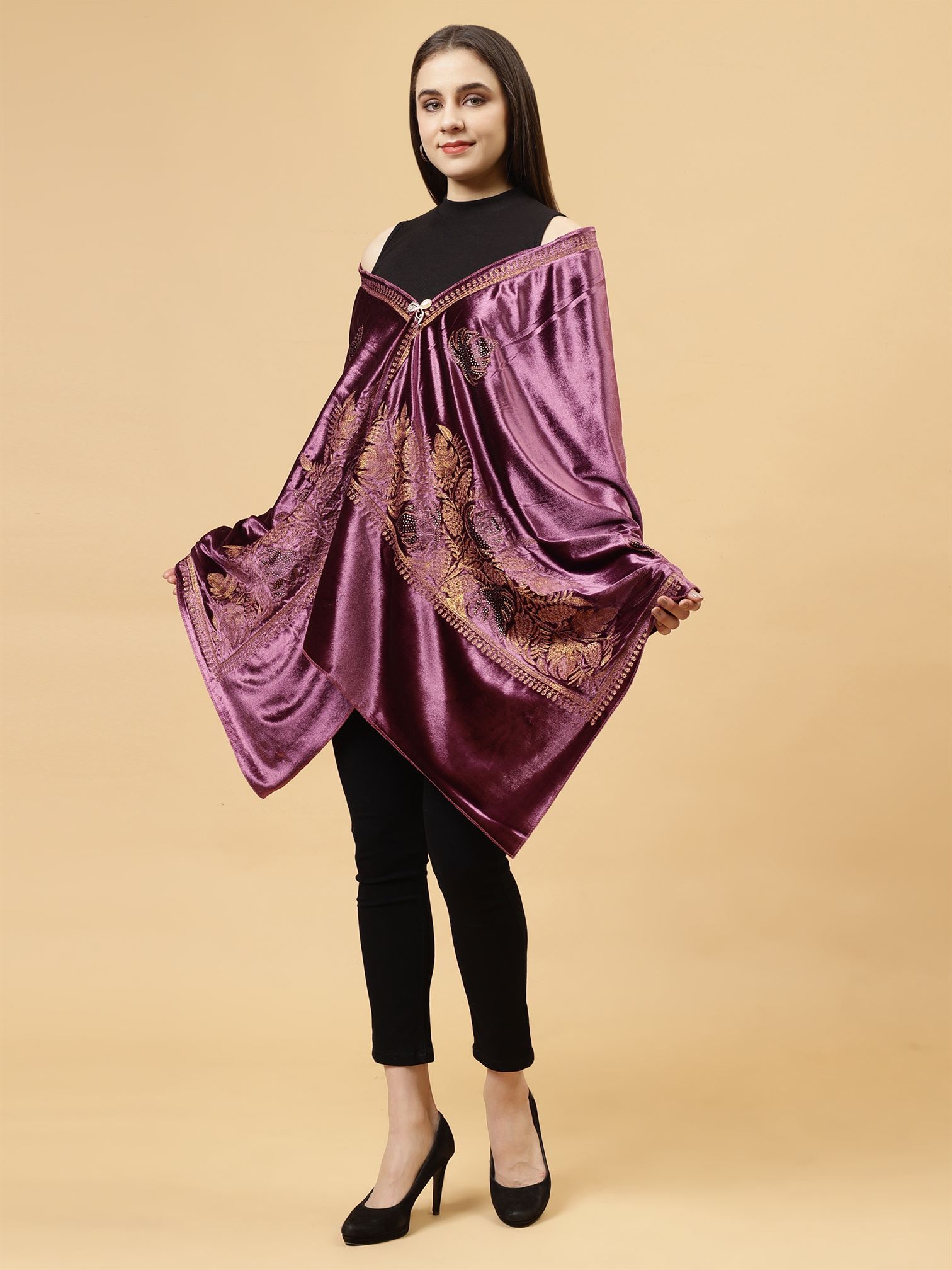 Purple Embroidered Velvet Stole - MCHSVD1601PUR