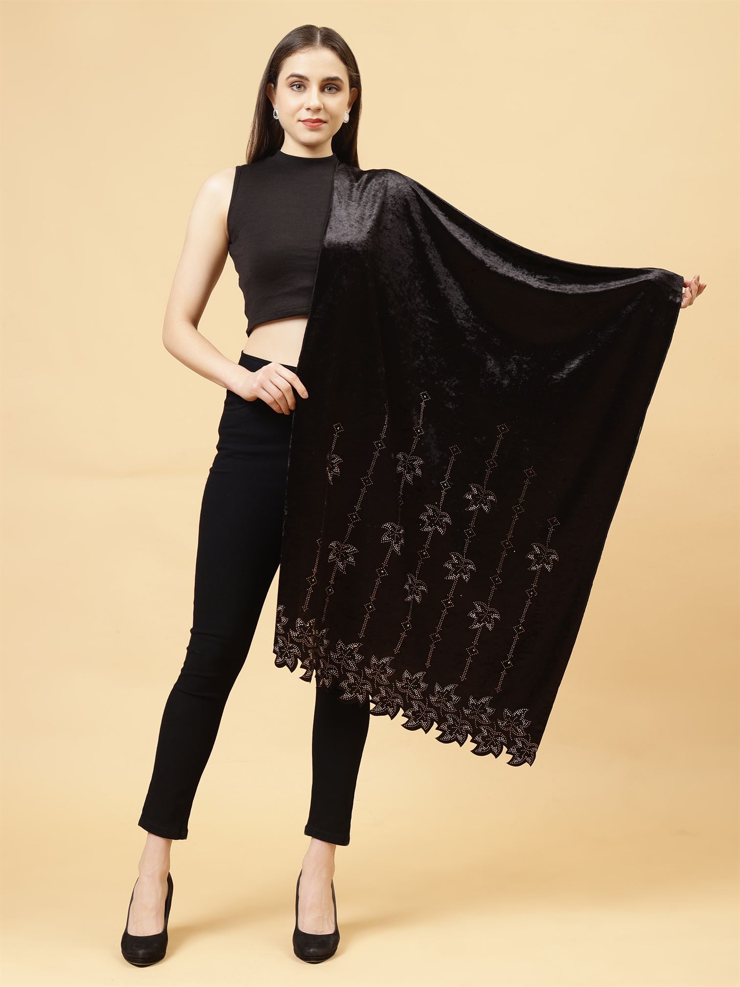 Black Embroidered Velvet Stole - MCHSVD1603BK