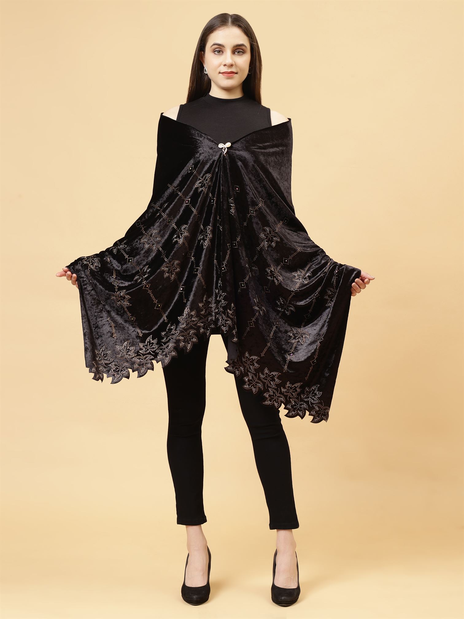 Black Embroidered Velvet Stole - MCHSVD1603BK