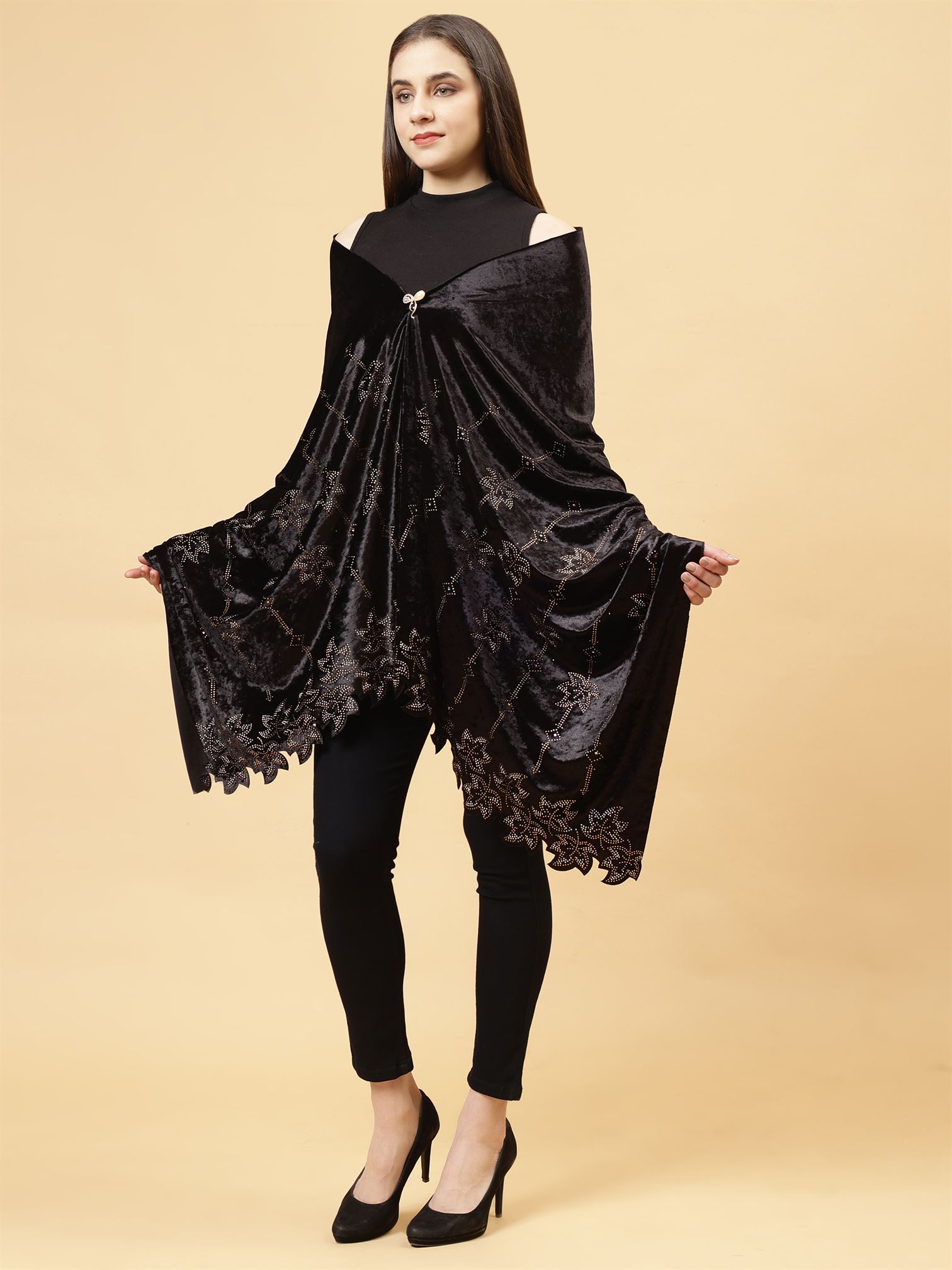 Black Embroidered Velvet Stole - MCHSVD1603BK