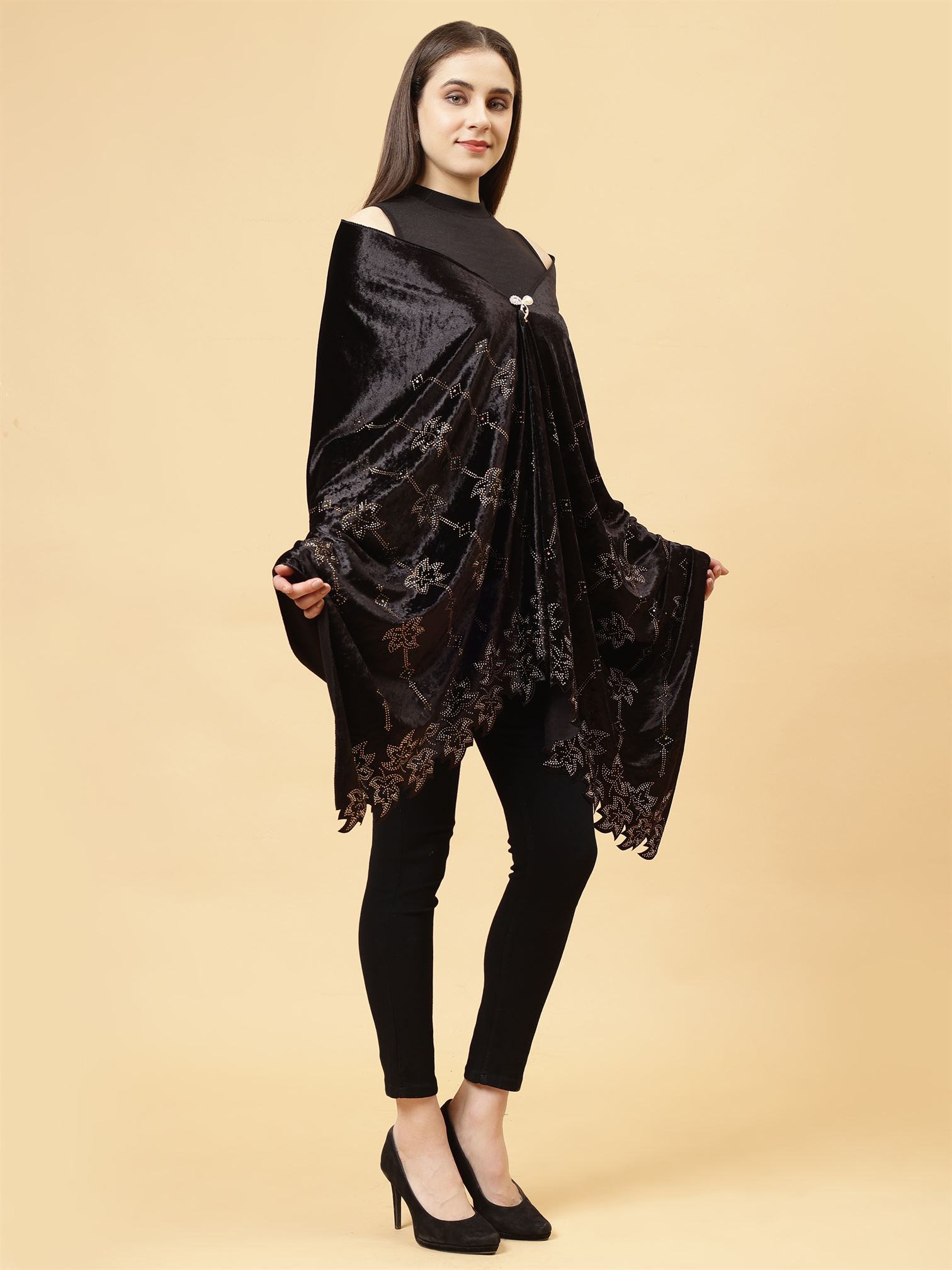 Black Embroidered Velvet Stole - MCHSVD1603BK