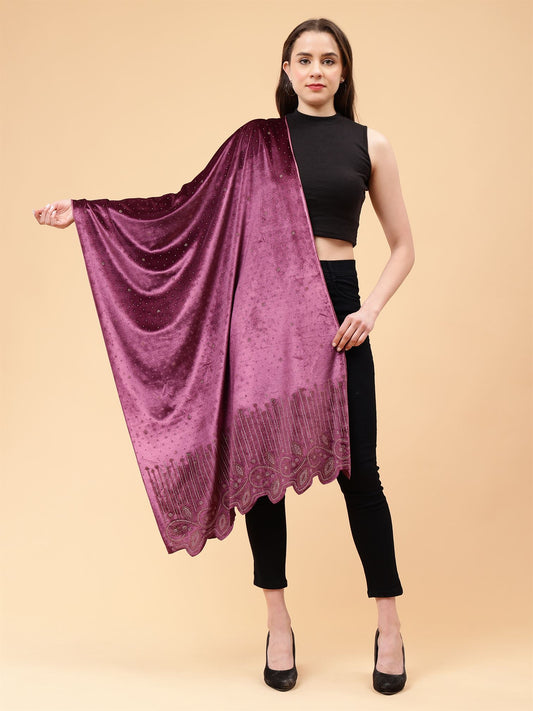 Onion Pink Embroidered Velvet Stole - MCHSVD1604OP