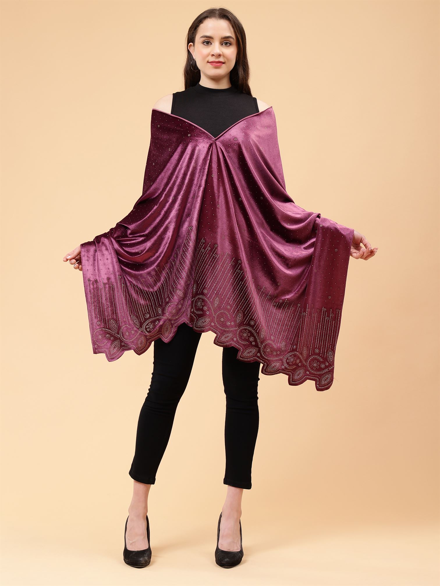 Onion Pink Embroidered Velvet Stole - MCHSVD1604OP