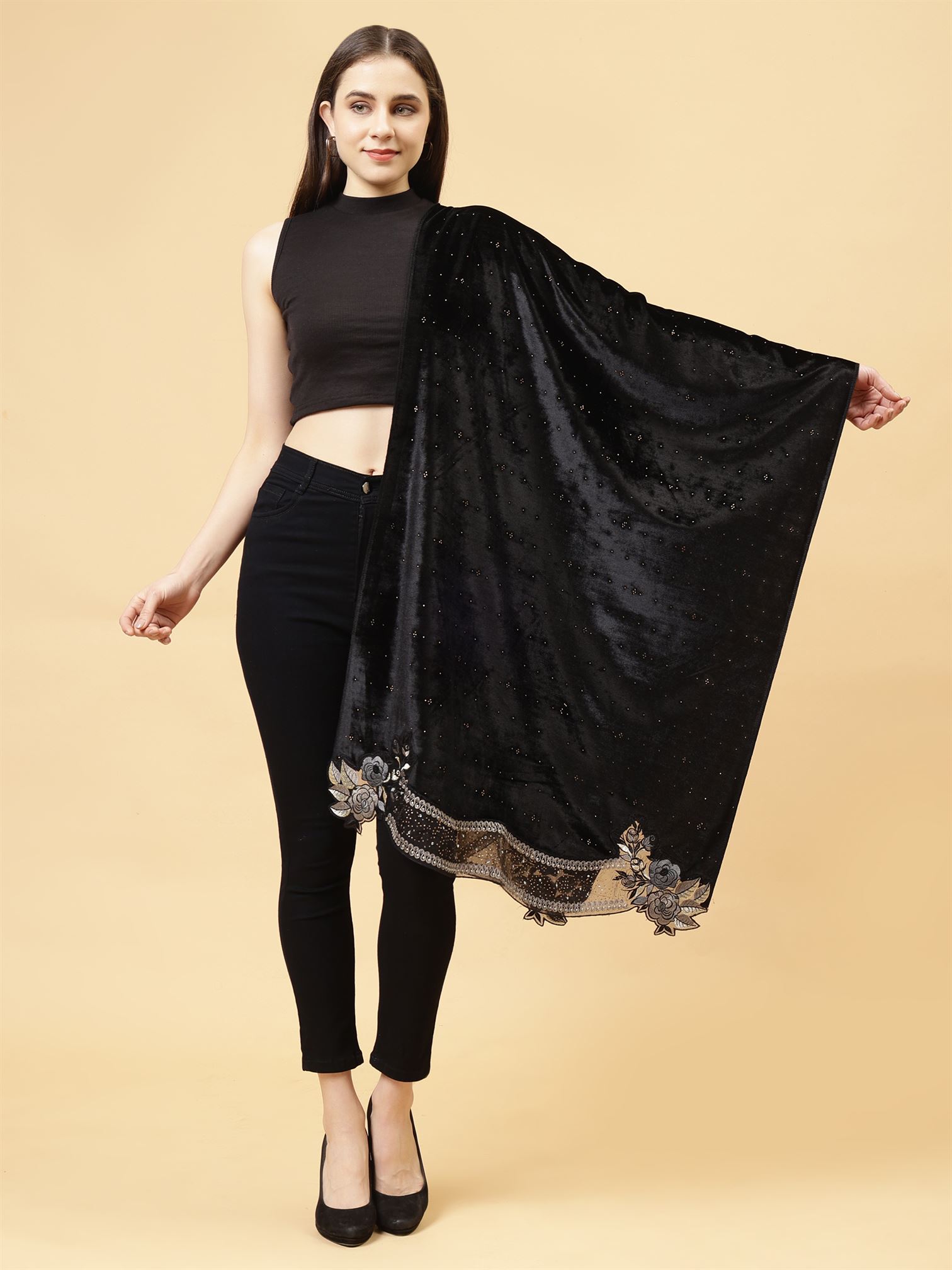 Black Embroidered Velvet Stole - MCHSVD1610BK