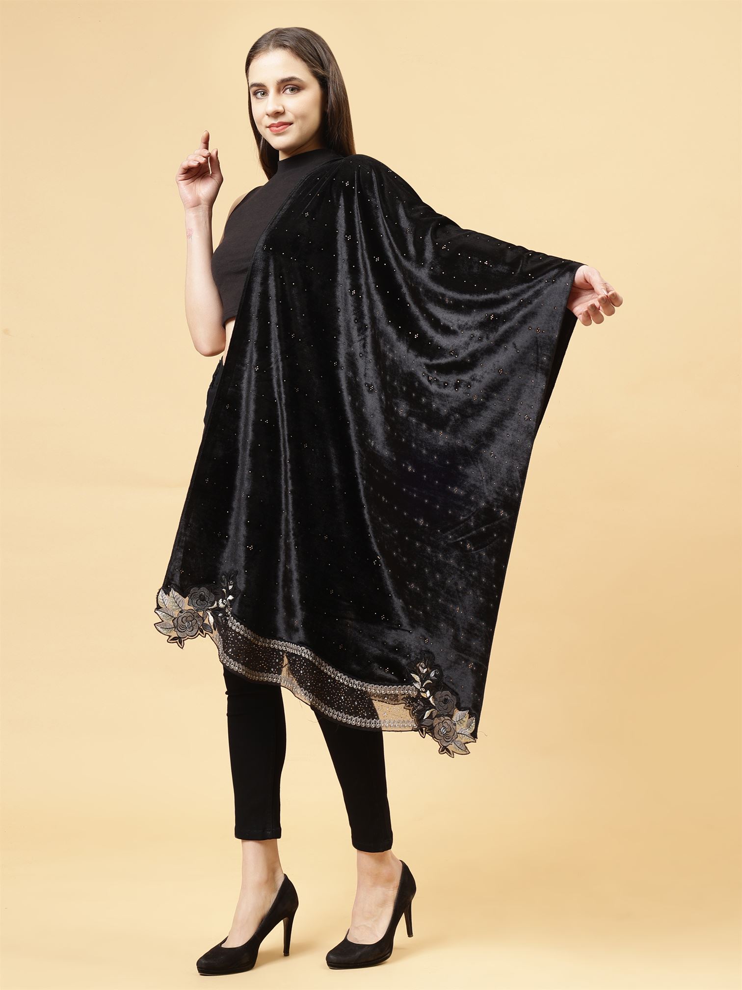 Black Embroidered Velvet Stole - MCHSVD1610BK