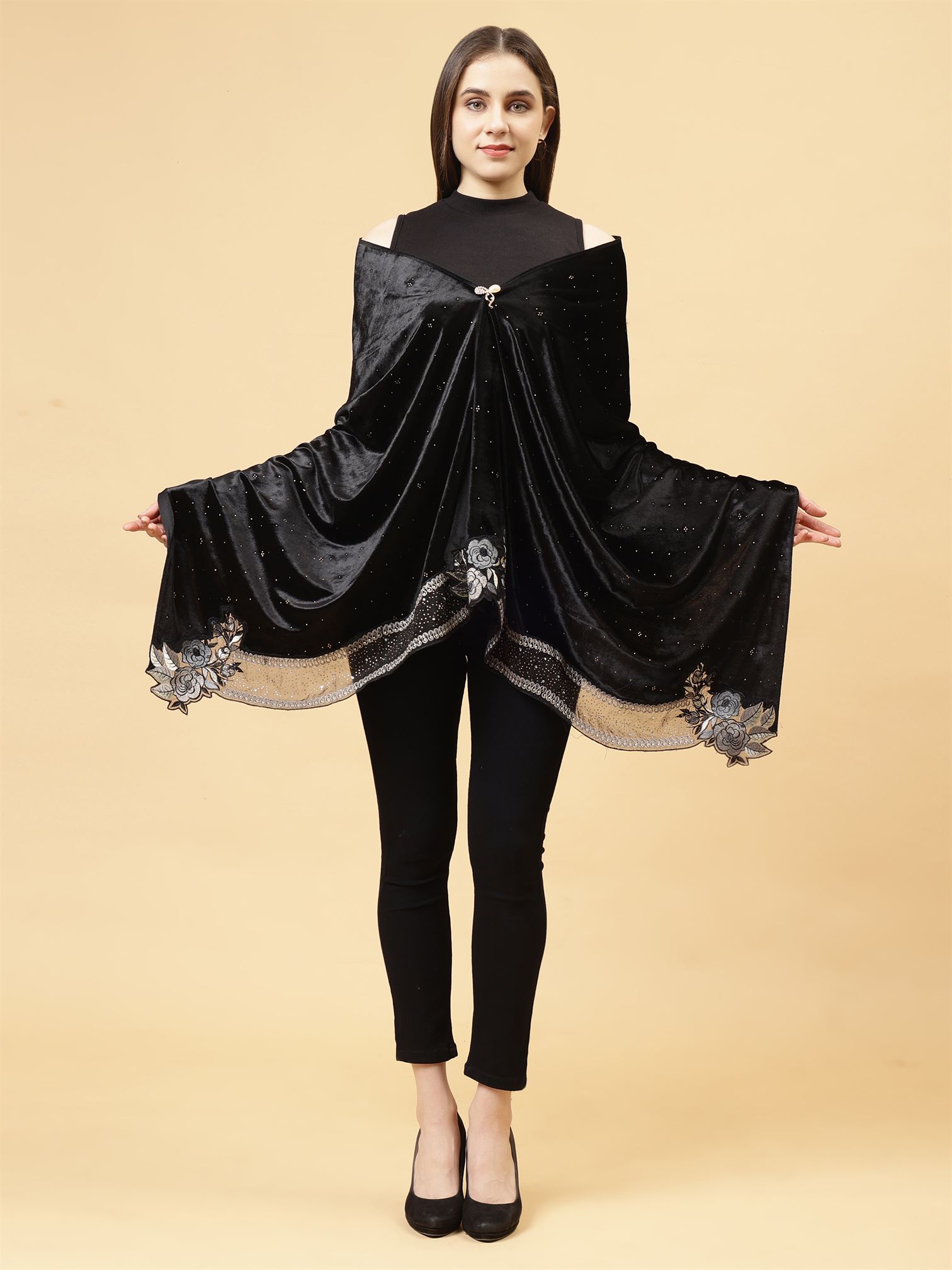 Black Embroidered Velvet Stole - MCHSVD1610BK