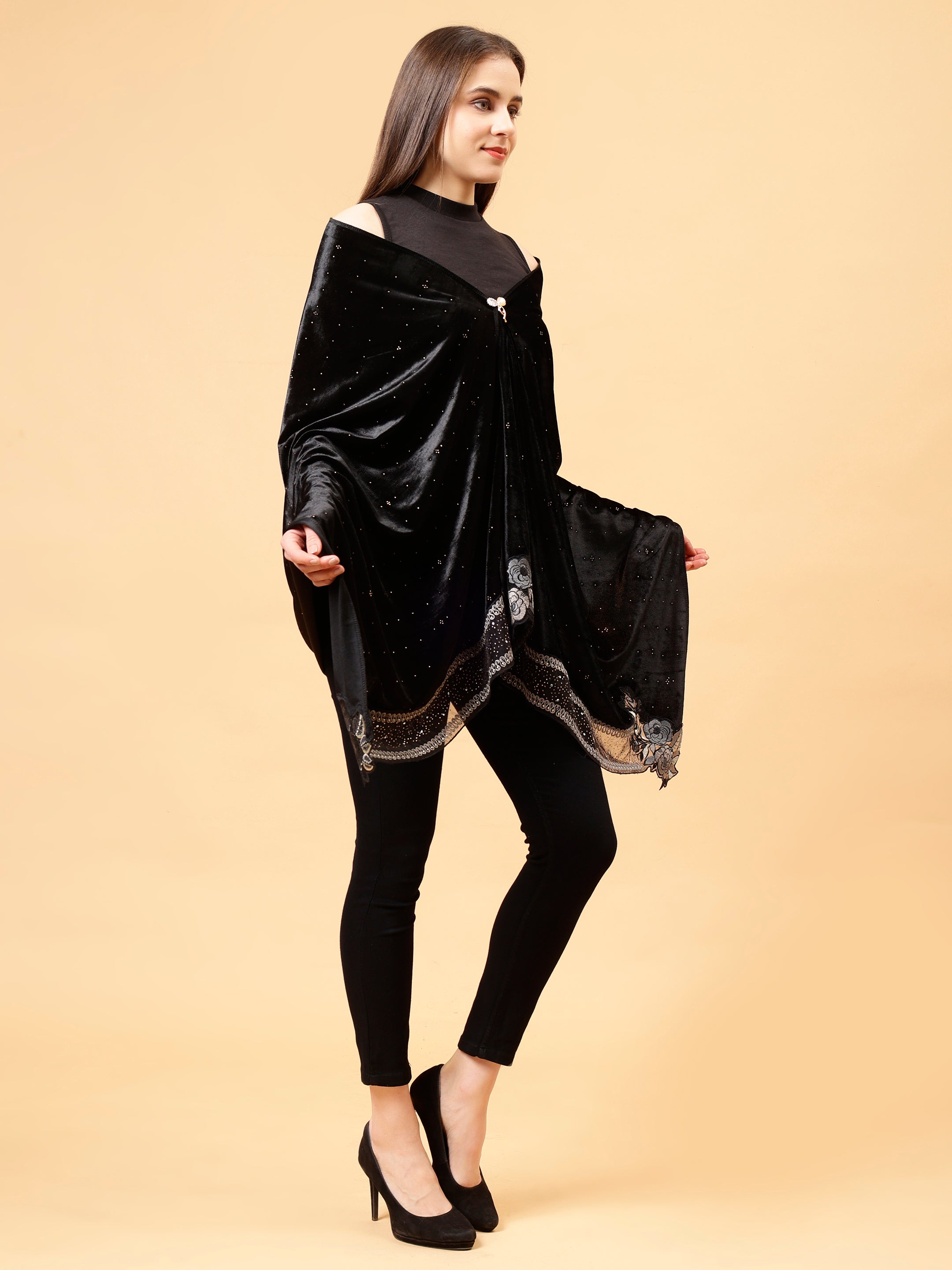 Black Embroidered Velvet Stole - MCHSVD1610BK