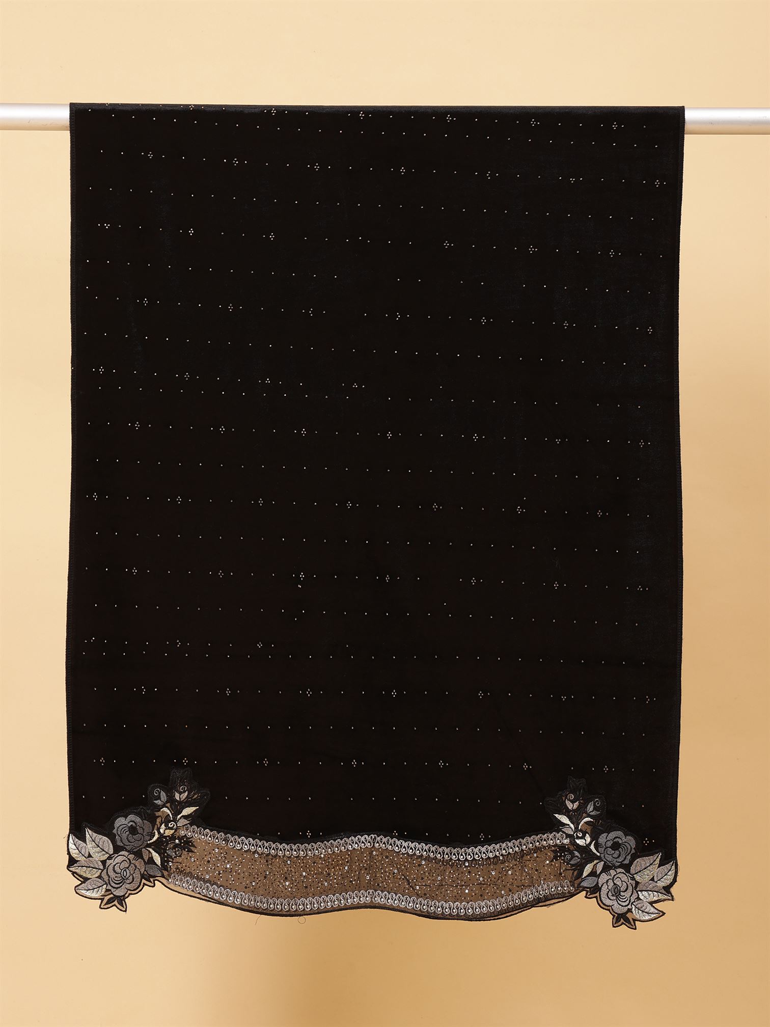 Black Embroidered Velvet Stole - MCHSVD1610BK