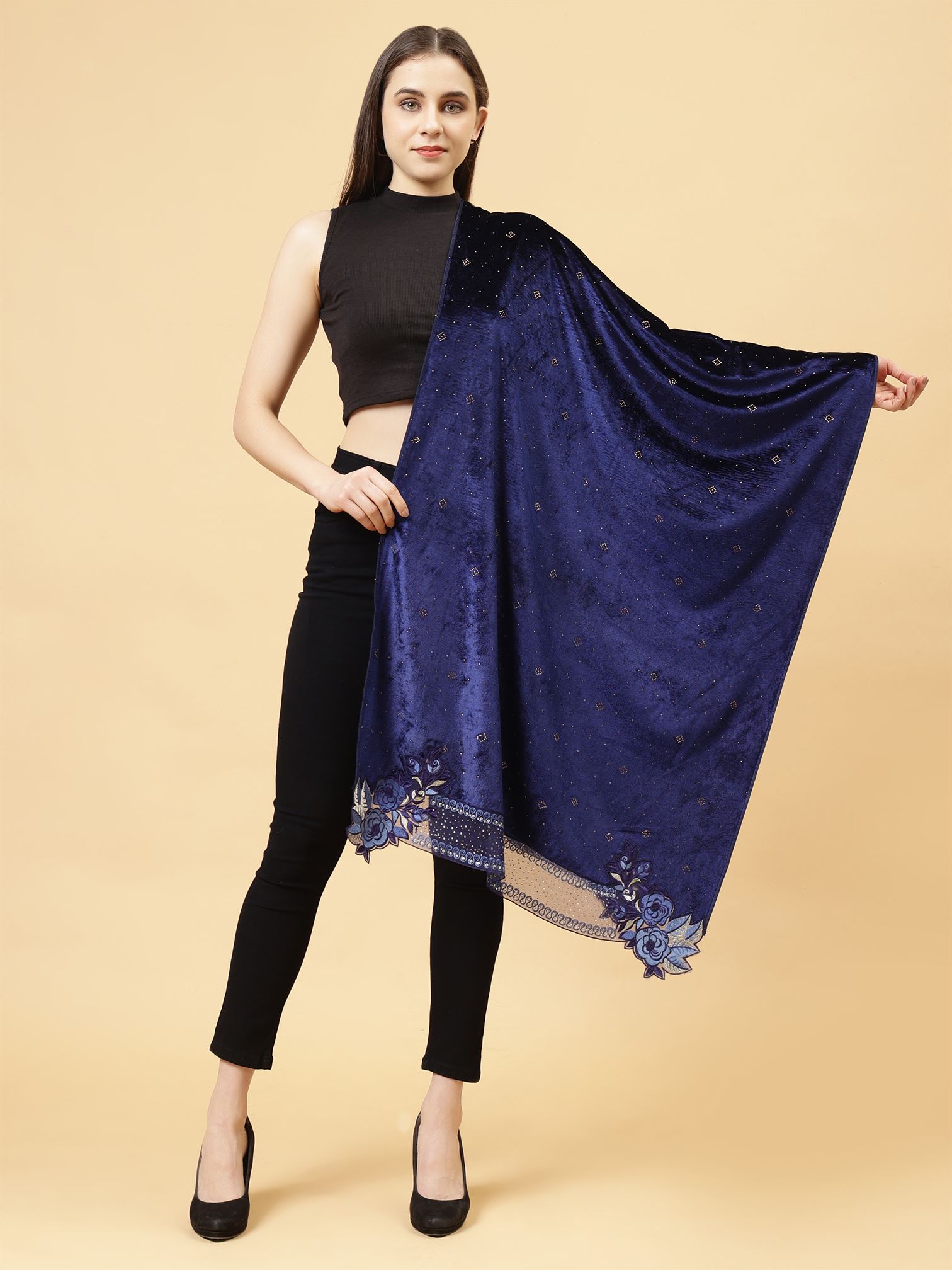 Blue Embroidered Velvet Stole - MCHSVD1610BL