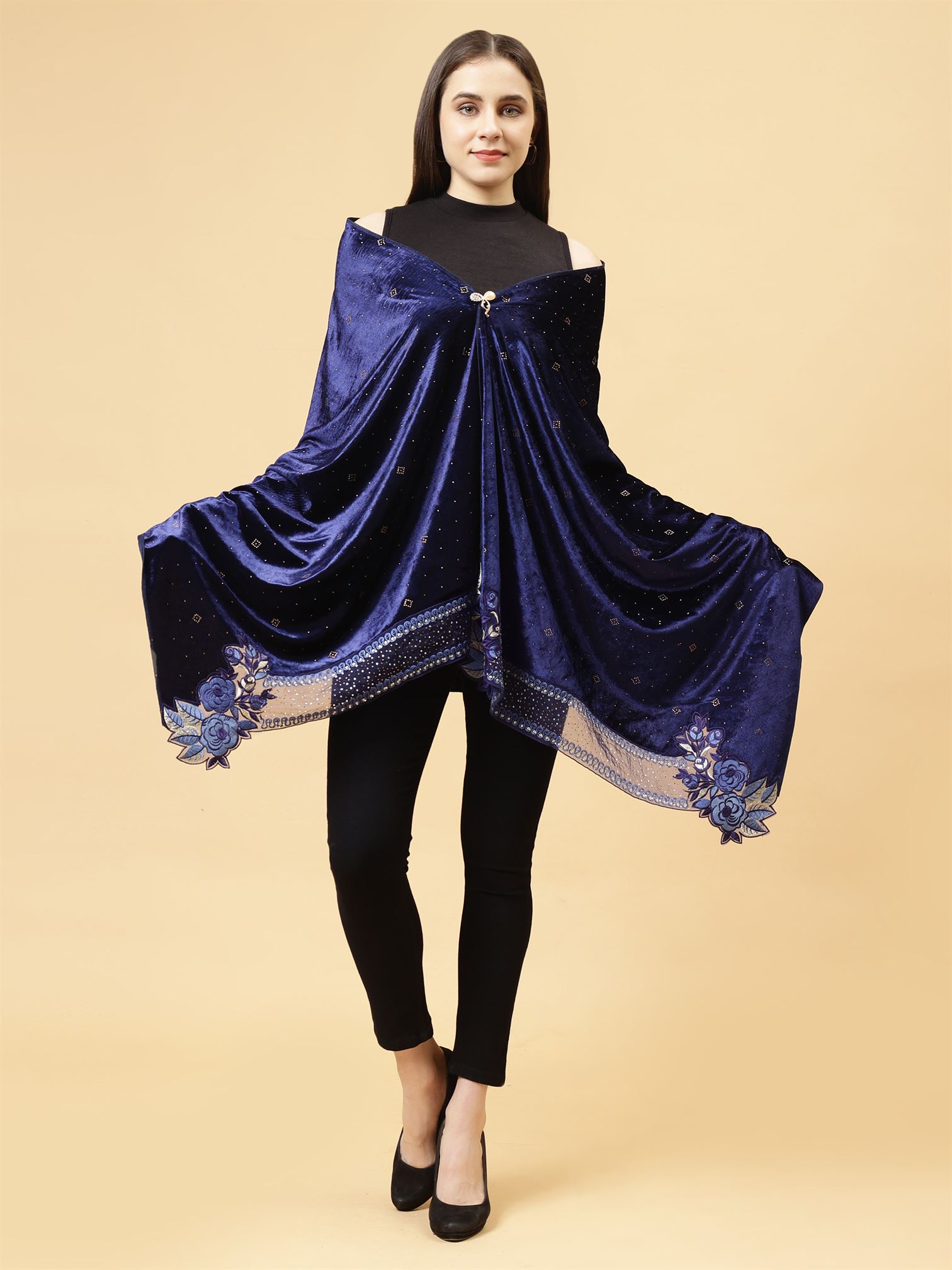 Blue Embroidered Velvet Stole - MCHSVD1610BL