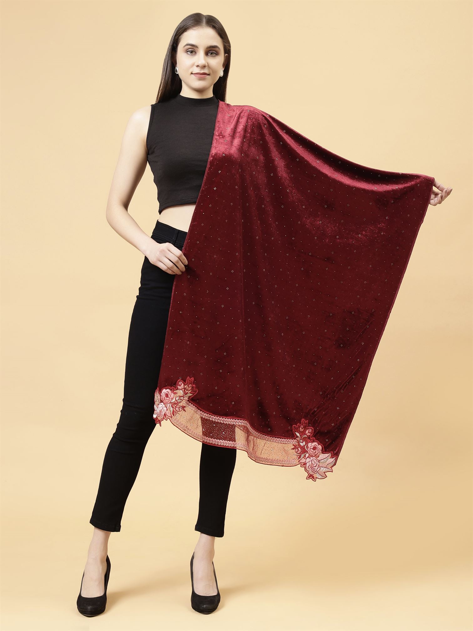 Maroon Embroidered Velvet Stole - MCHSVD1610M