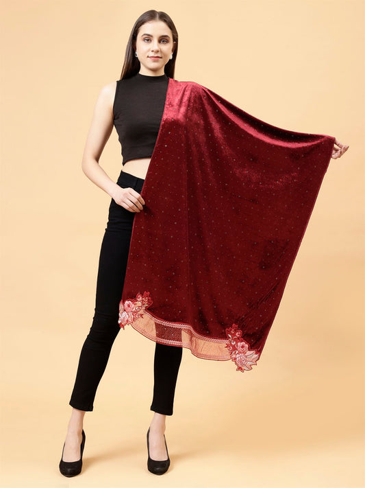 Maroon Embroidered Velvet Stole - MCHSVD1610M