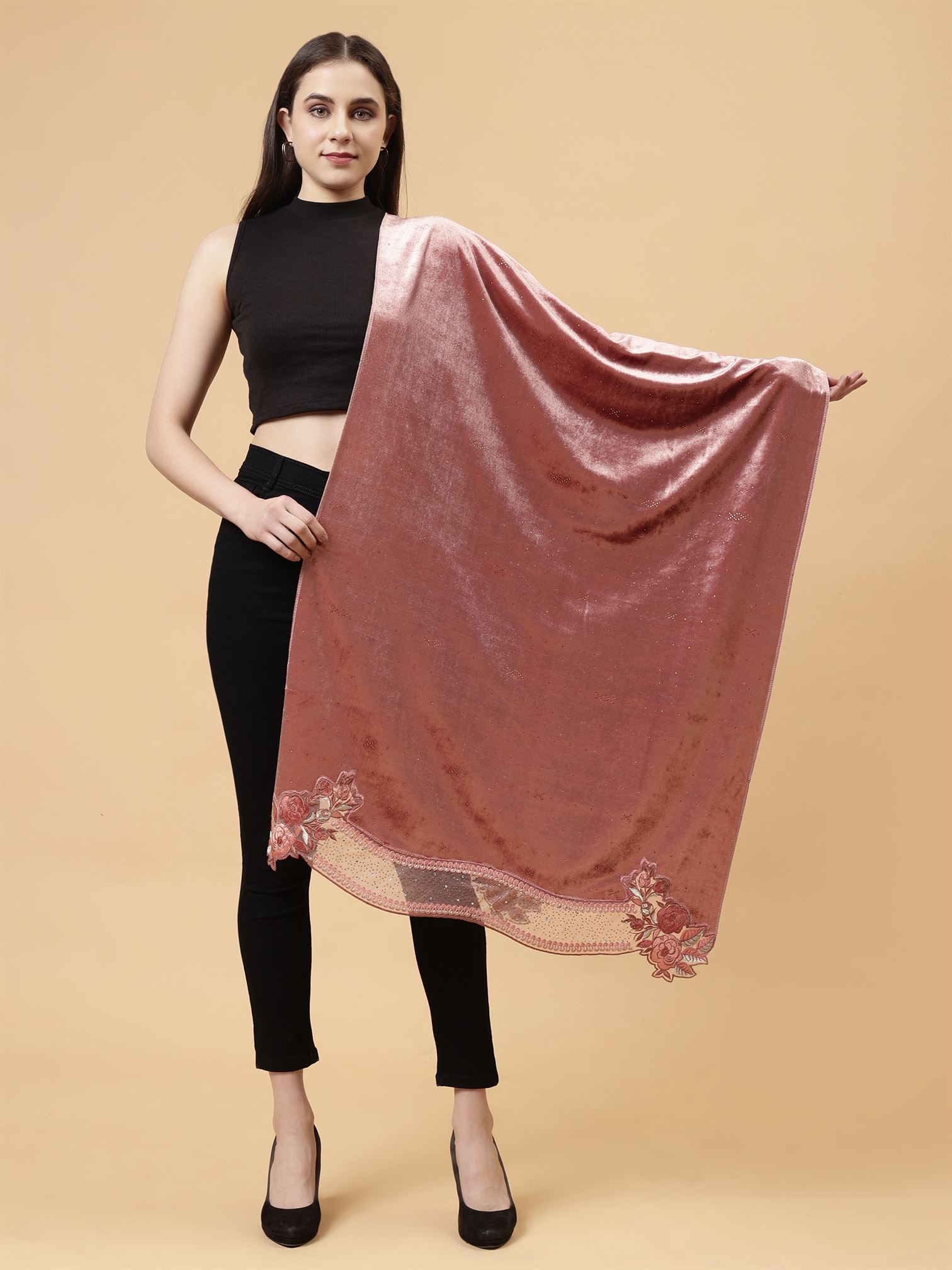 Peach Embroidered Velvet Stole - MCHSVD1610PCH