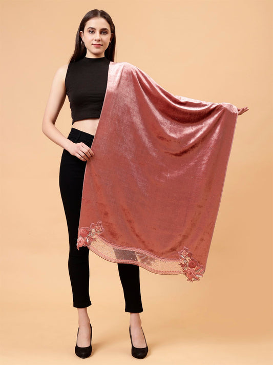 Peach Embroidered Velvet Stole - MCHSVD1610PCH