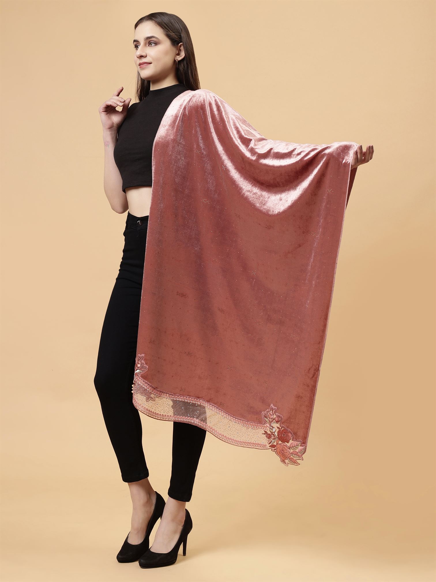 Peach Embroidered Velvet Stole - MCHSVD1610PCH