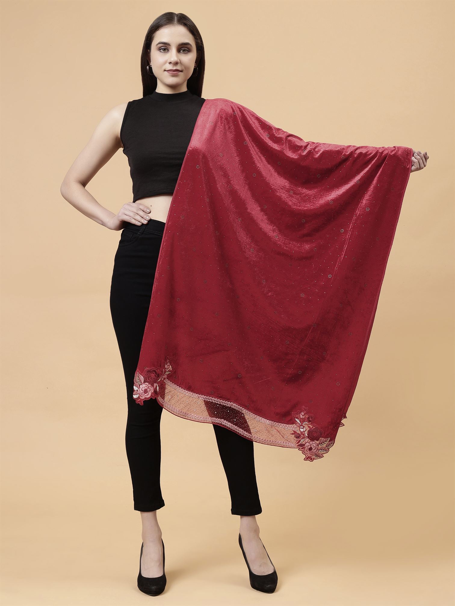 Red Embroidered Velvet Stole - MCHSVD1610R