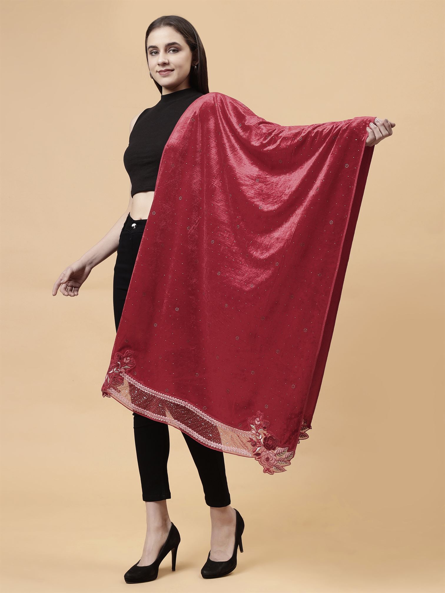 Red Embroidered Velvet Stole - MCHSVD1610R