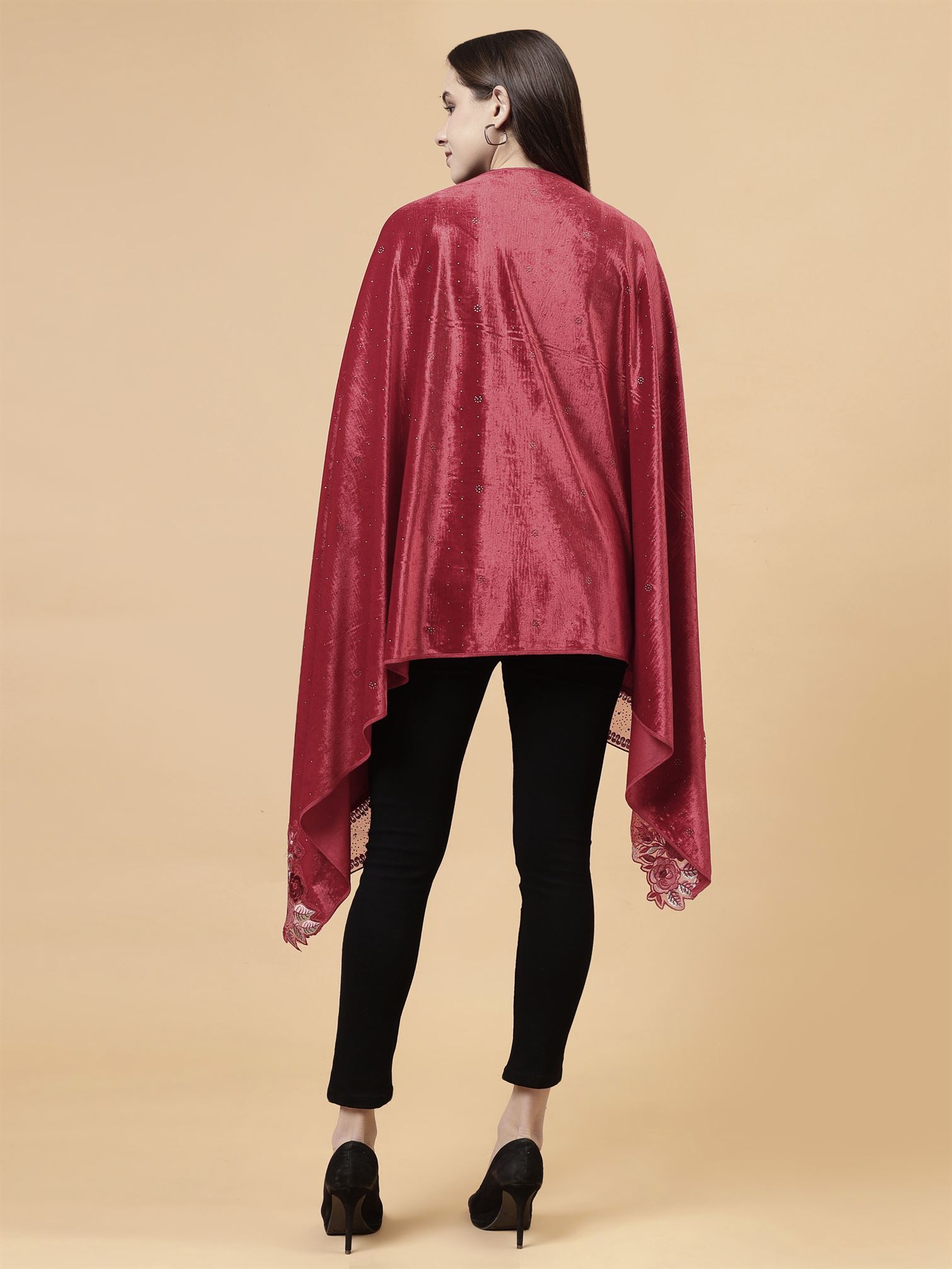 Red Embroidered Velvet Stole - MCHSVD1610R